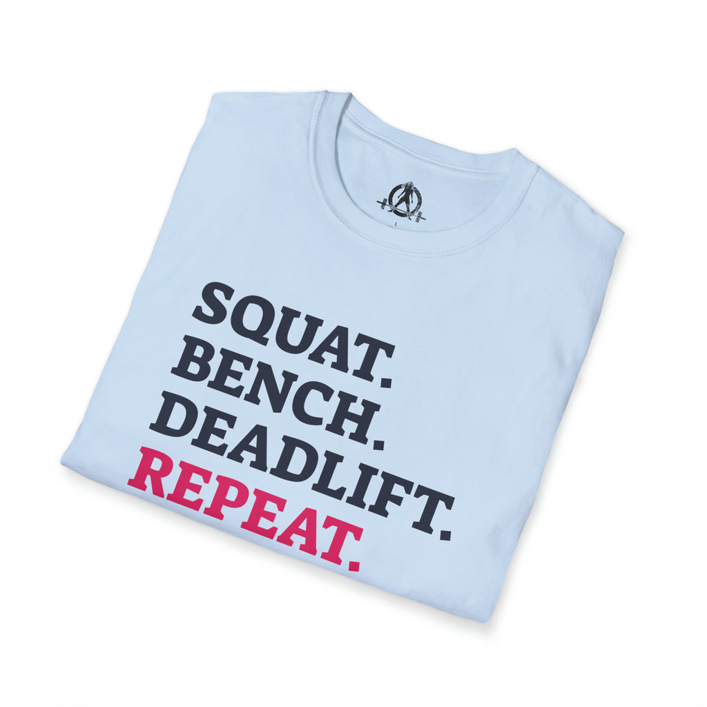 Squat Bench Deadlift Repeat - Unisex Softstyle T-Shirt - Pink - Plain Back