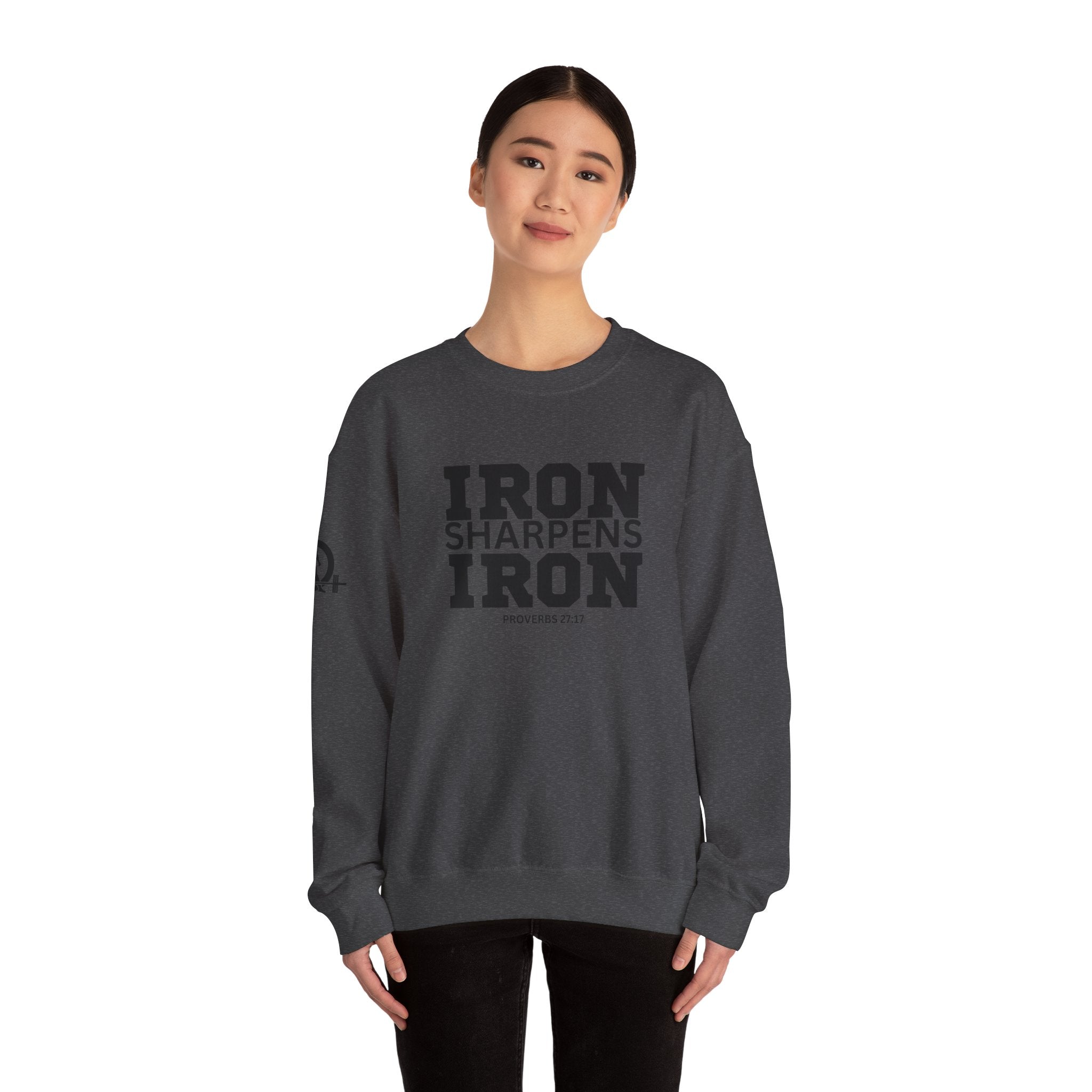 Iron Sharpens Iron - Unisex Heavy Blend™ Crewneck Sweatshirt - Front Black Logo - Plain Back