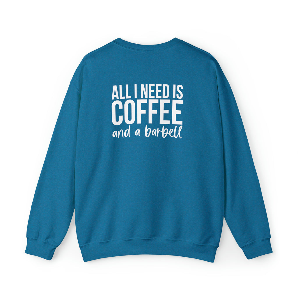 COFFEE and a Barbell - Unisex Heavy Blend™ Crewneck Sweatshirt - Distressed Logo - Plain Back