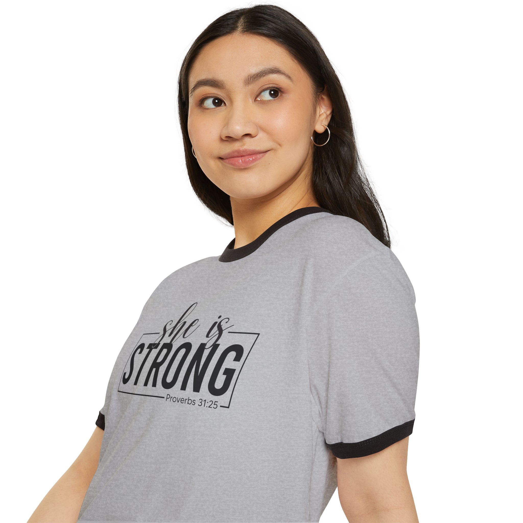 She Is Strong  - Unisex Cotton Ringer T-Shirt - Black Classic Logo Front Plain Back