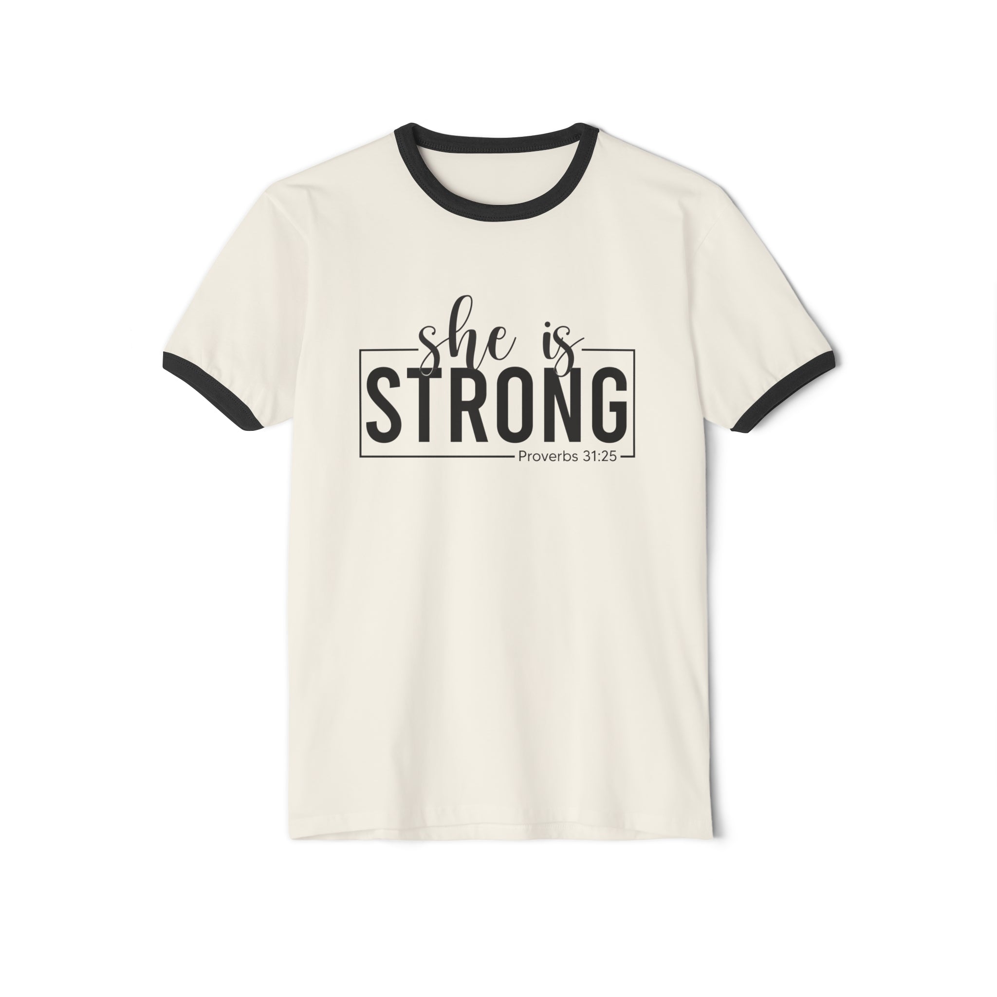 She Is Strong  - Unisex Cotton Ringer T-Shirt - Black Classic Logo Front Plain Back
