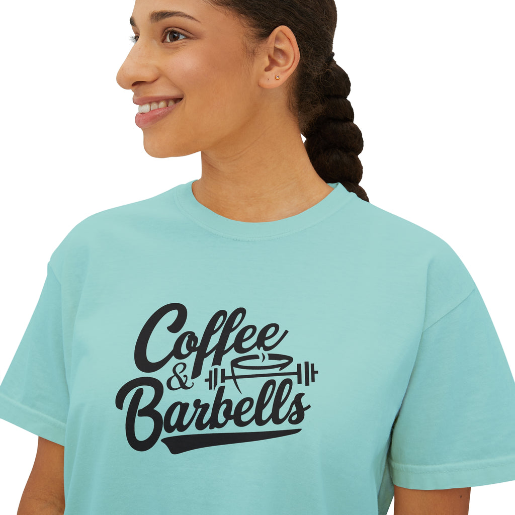 Coffee & Barbells - Women's Boxy Tee - Black Logo Front Plain Back