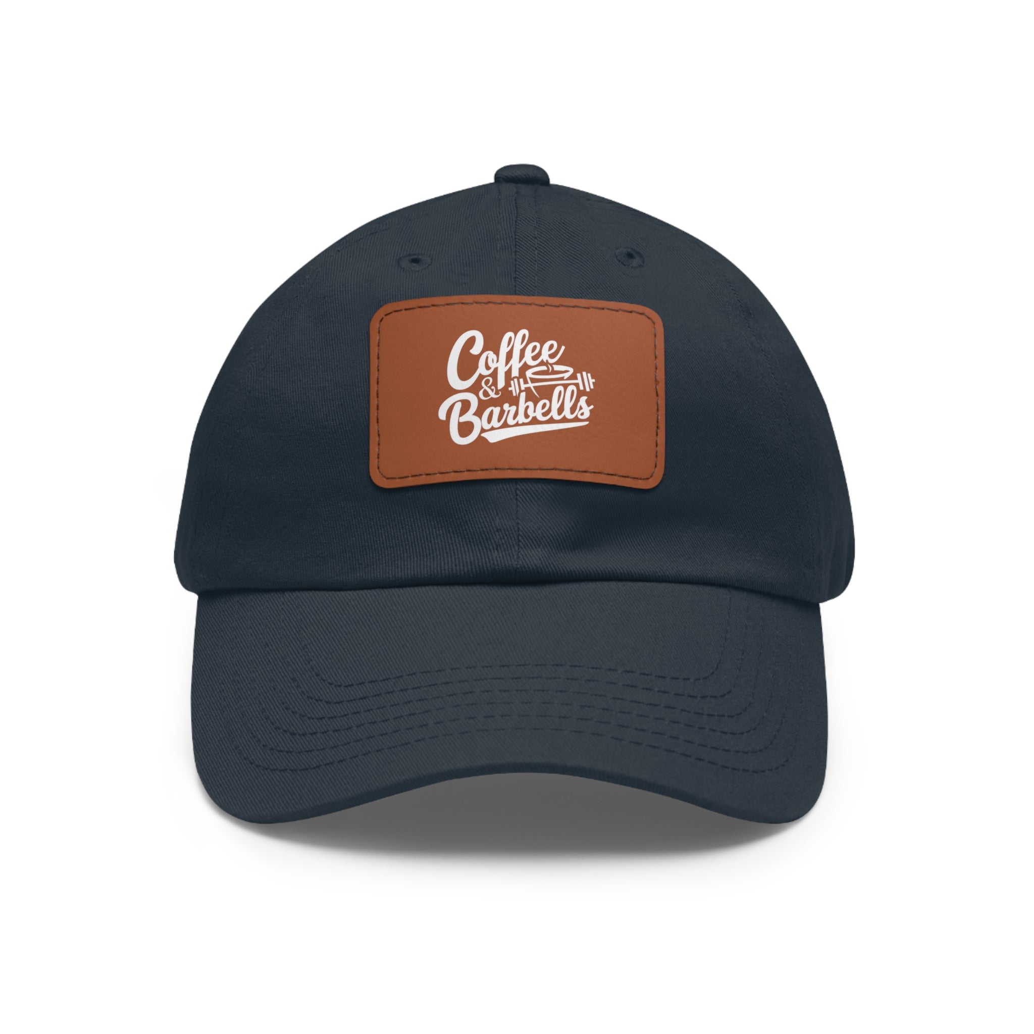 Coffee & Barbells - Dad Hat with Leather Patch (Rectangle) - White Font