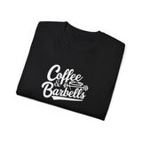 Coffee & Barbells - Unisex Ultra Cotton Tee - Front White Logo - Plain Back