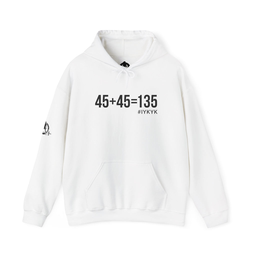 45 + 45 = 135 - Unisex Heavy Blend Hooded Sweatshirt  - Front Black & Shoulder Logo