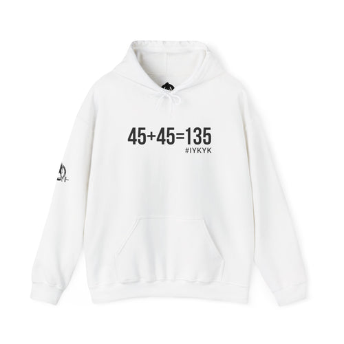 45 + 45 = 135 - Unisex Heavy Blend Hooded Sweatshirt  - Front Black & Shoulder Logo