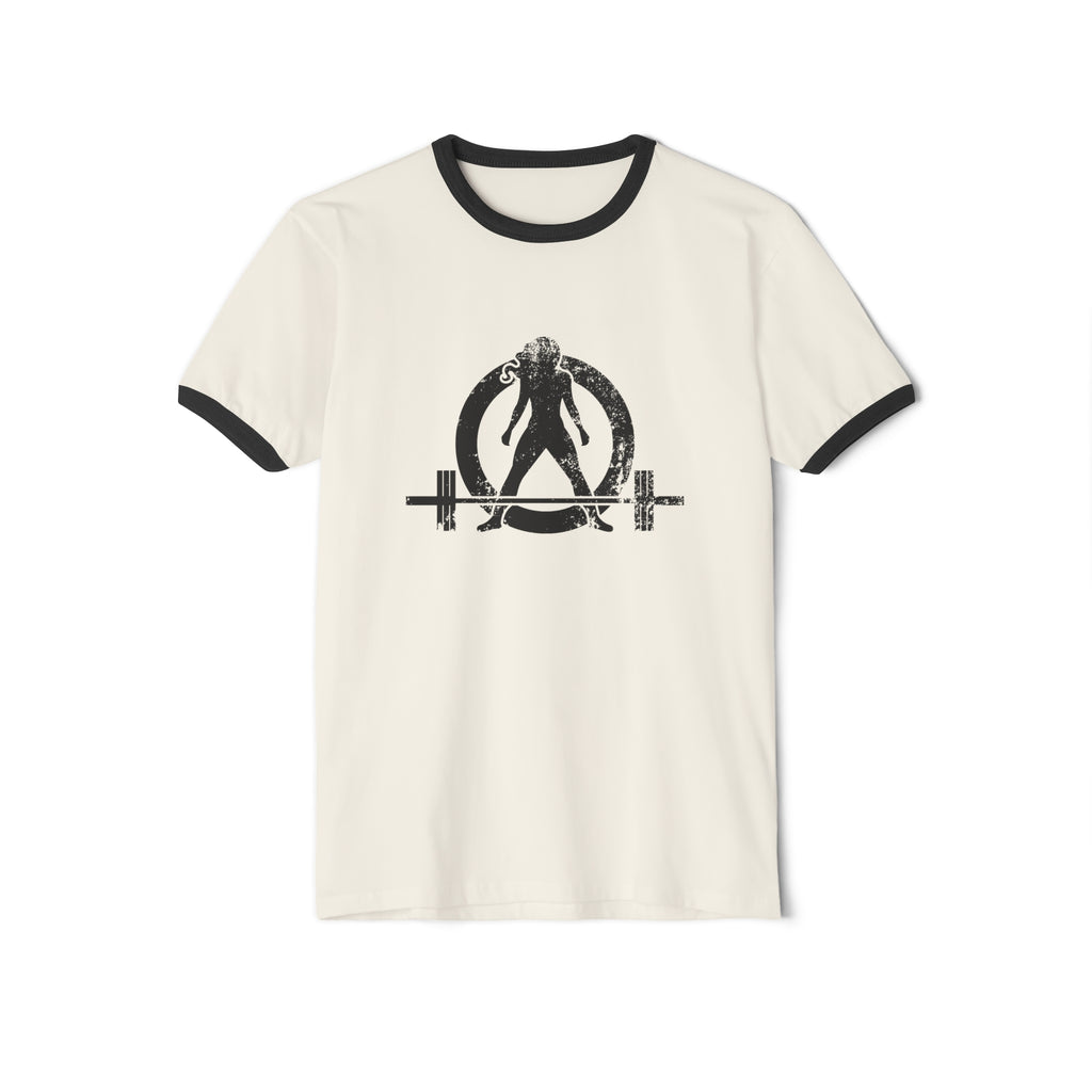 Kick Your Ass - Unisex Cotton Ringer T-Shirt - Black Distressed Logo Front & Back