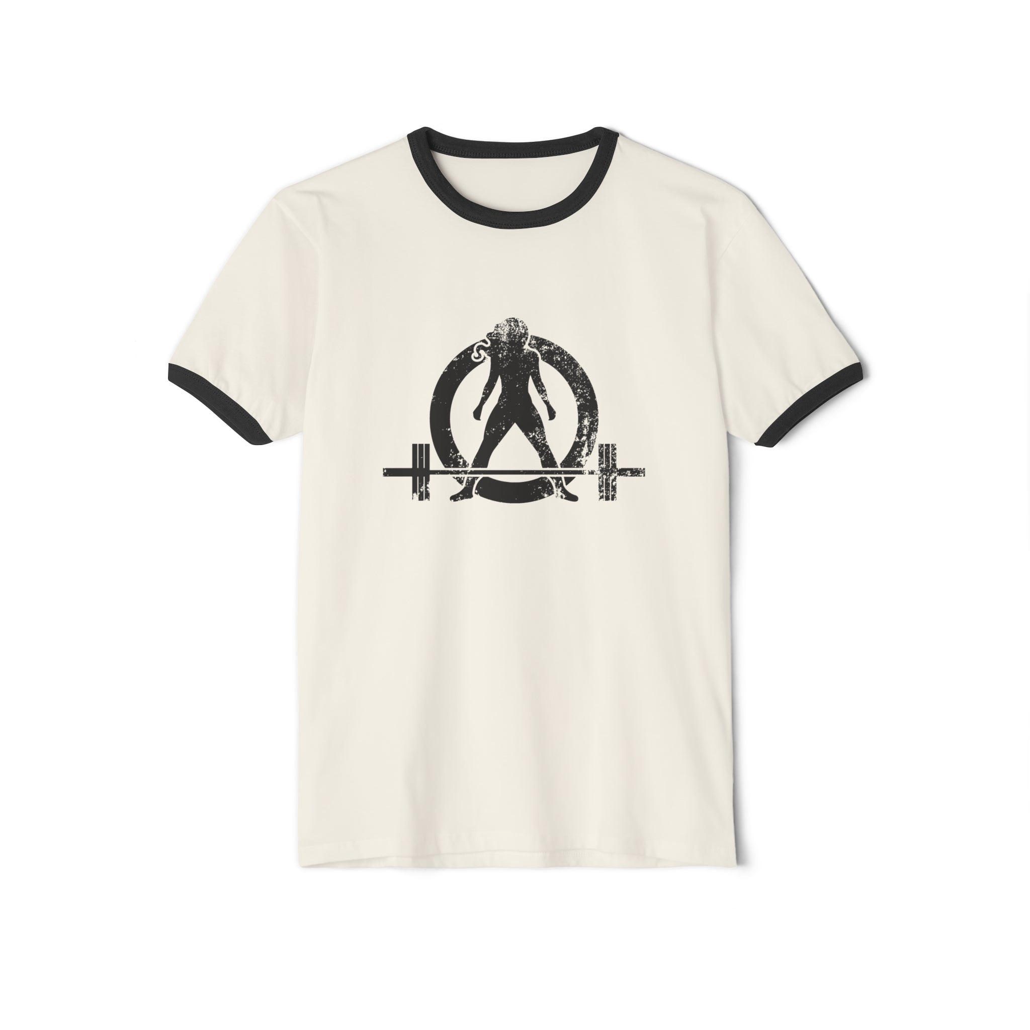 Kick Your Ass - Unisex Cotton Ringer T-Shirt - Black Distressed Logo Front & Back