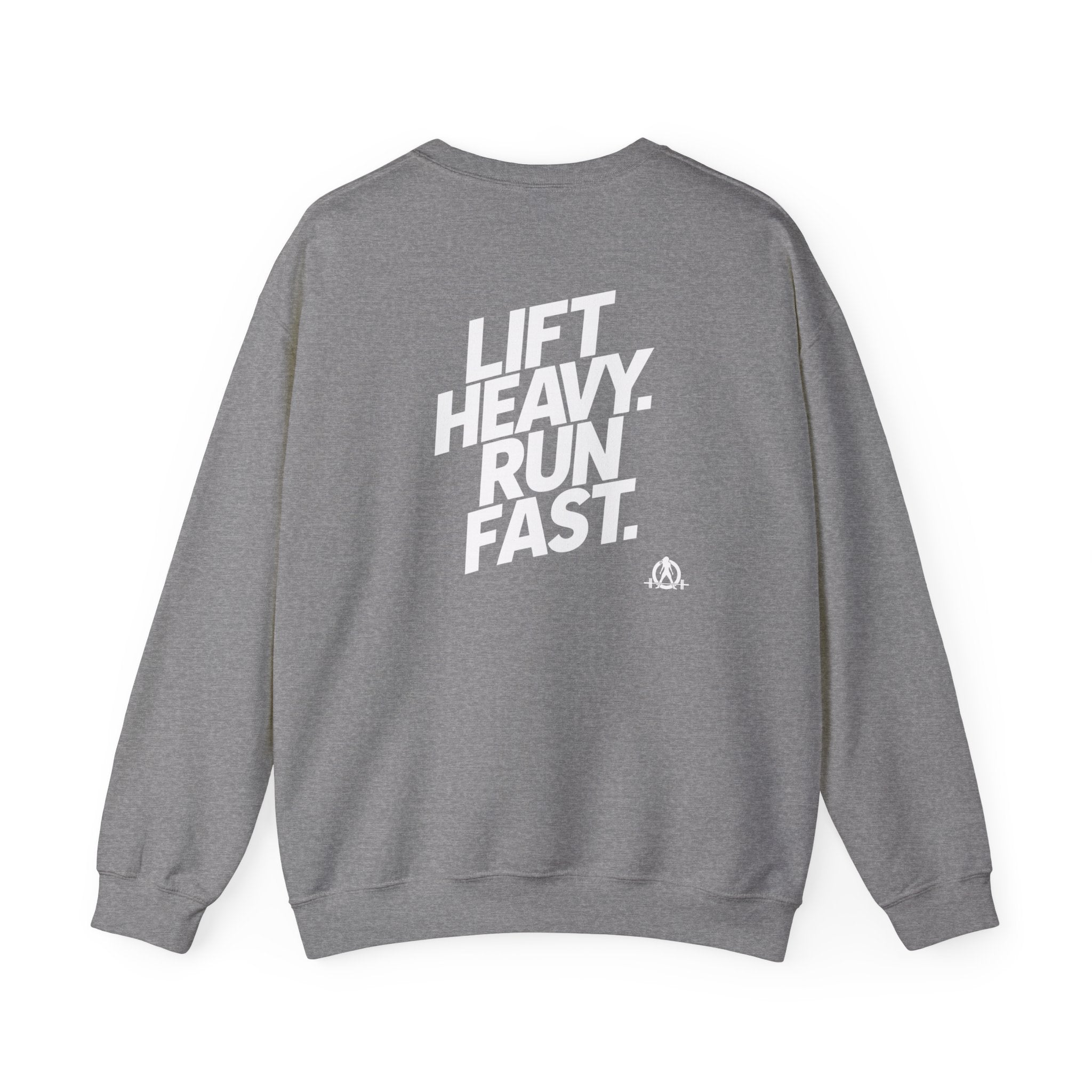 Lift Heavy Run Fast - Unisex Heavy Blend™ Crewneck Sweatshirt - White Logo Front & Back