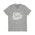 Coffee & Barbells - Unisex Jersey Short Sleeve V-Neck Tee - White Logo Plain Back
