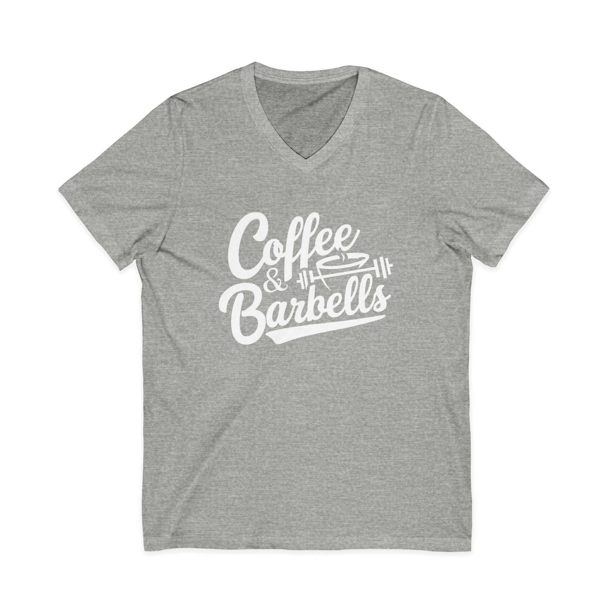 Coffee & Barbells - Unisex Jersey Short Sleeve V-Neck Tee - White Logo Plain Back