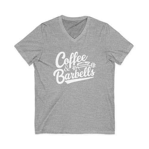 Coffee & Barbells - Unisex Jersey Short Sleeve V-Neck Tee - White Logo Plain Back