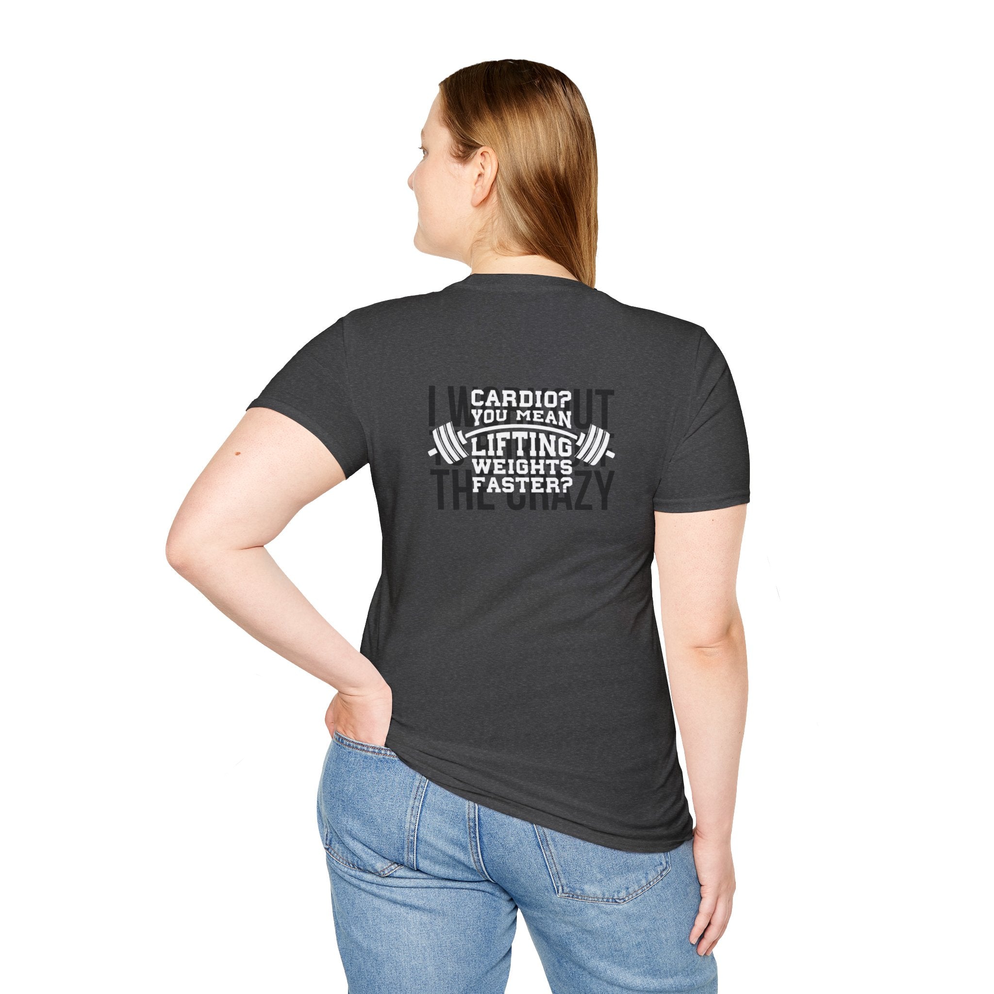 Cardio = Lift Weights Faster - Unisex Softstyle T-Shirt - Logo Front & Back