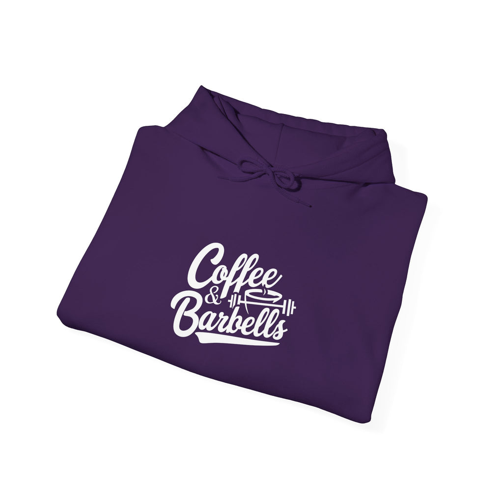 Coffee & Barbells - Unisex Heavy Blend Hooded Sweatshirt - White Logo on Front & Right Sleeve