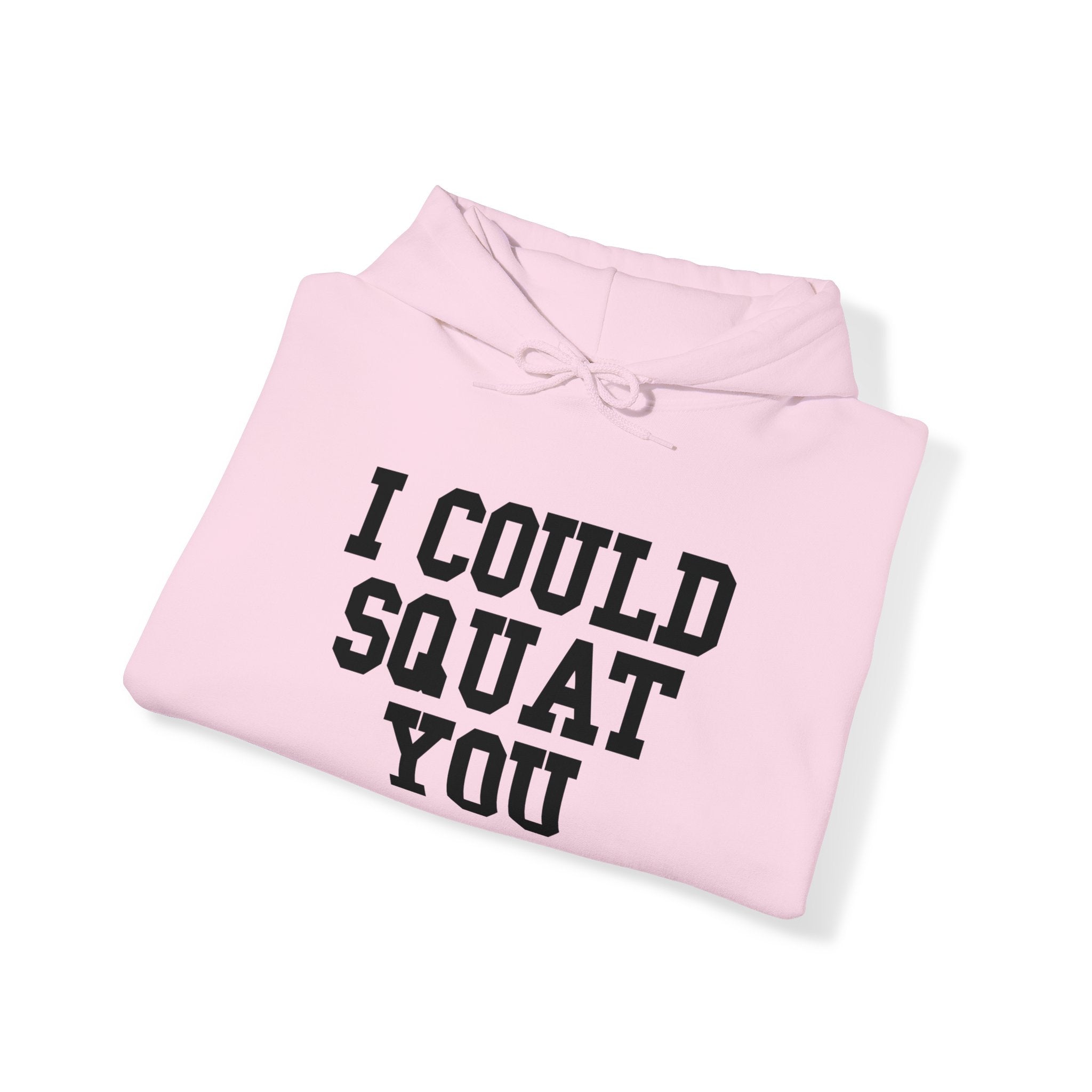 I Could Squat You - Classic Logo White - Unisex Heavy Blend Hooded Sweatshirt - Black Print on Front