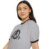Kick Your Ass - Unisex Cotton Ringer T-Shirt - Black Distressed Logo Front & Back