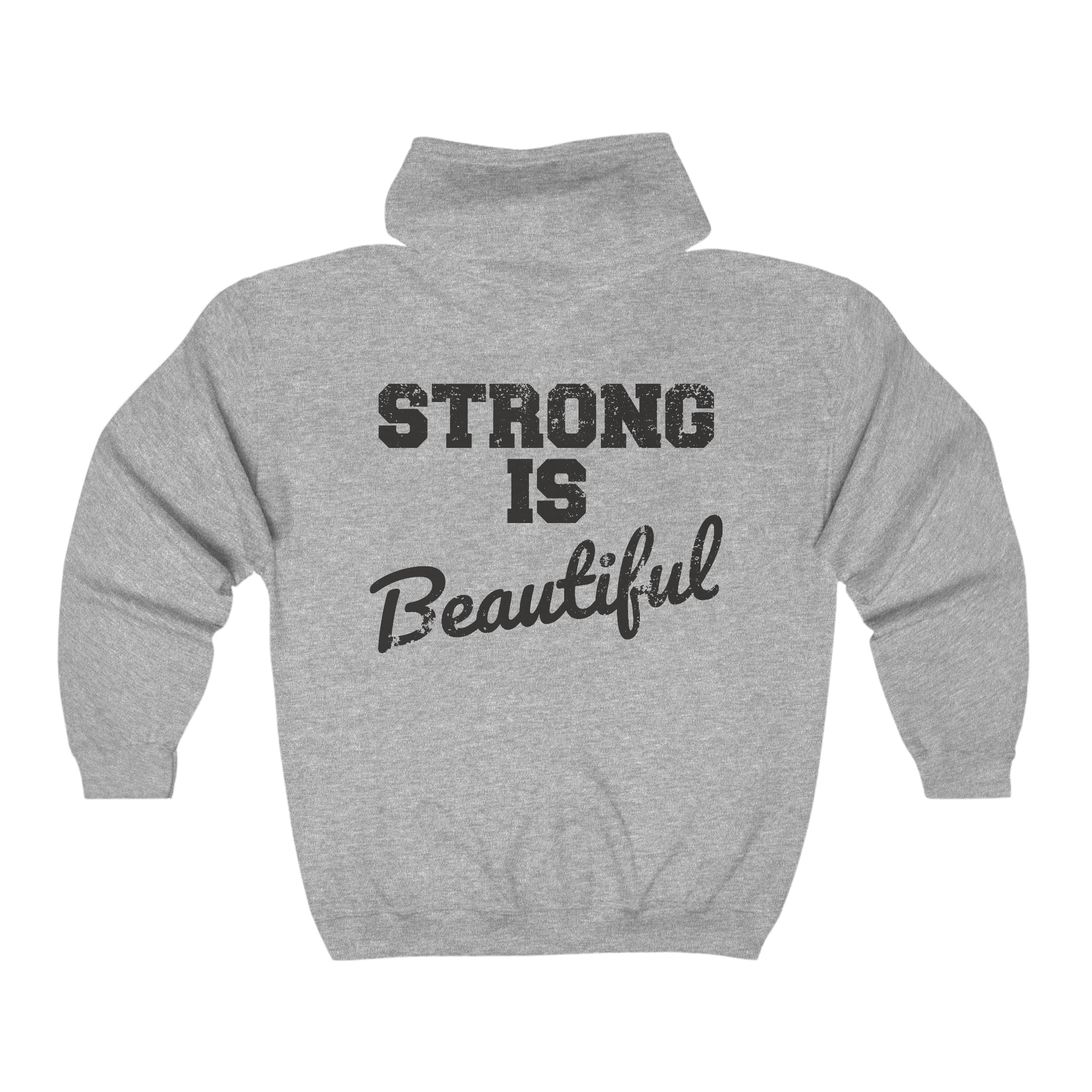 Unisex Heavy Blend Full Zip Hooded Sweatshirt - Front Chest Black Logo - Strong Is Beautiful on Back