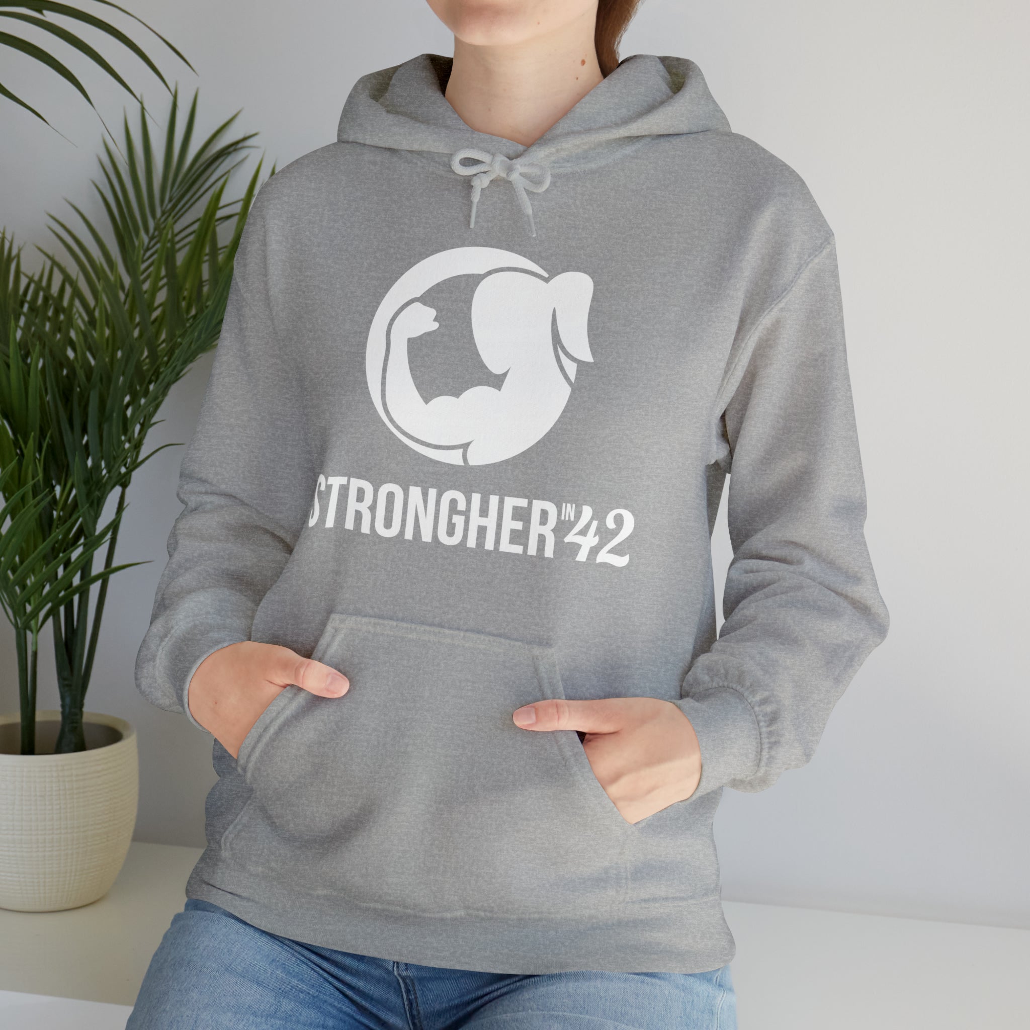 Strong Her in 42 - Classic Logo White - Unisex Heavy Blend Hooded Sweatshirt