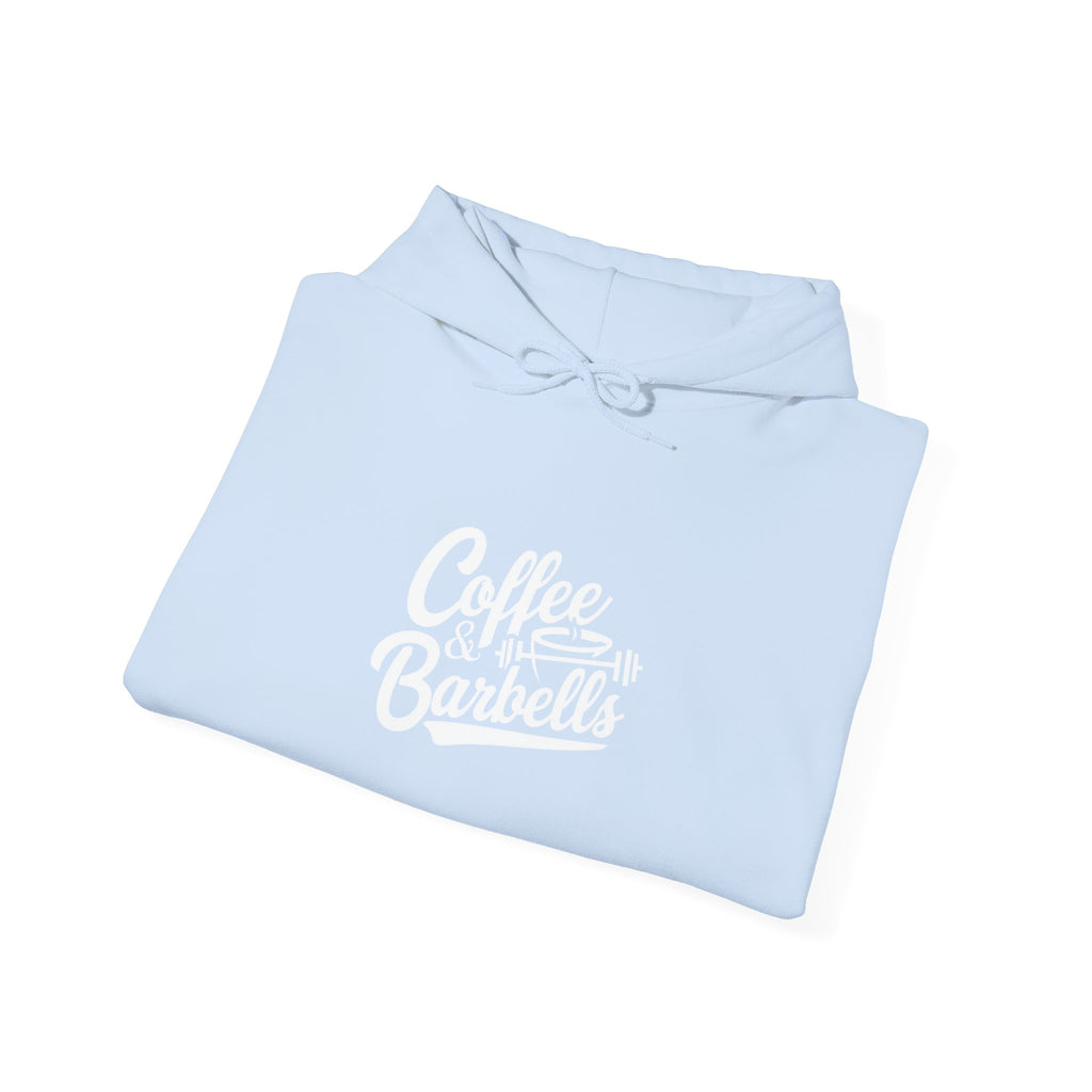 Coffee & Barbells - Unisex Heavy Blend Hooded Sweatshirt - White Logo on Front & Right Sleeve