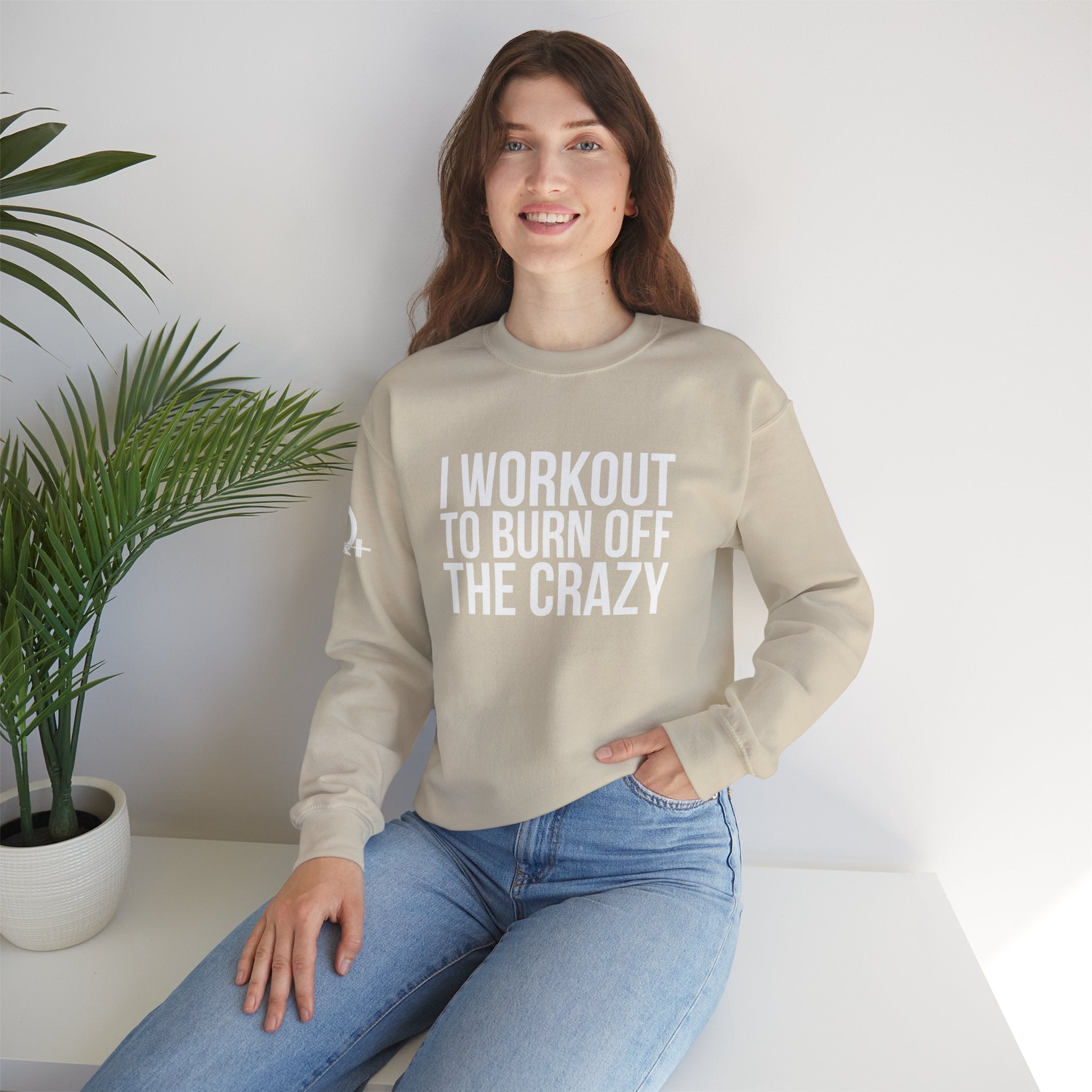 I Workout To Burn Off The Crazy - Unisex Heavy Blend™ Crewneck Sweatshirt - Front White Logo - Plain Back