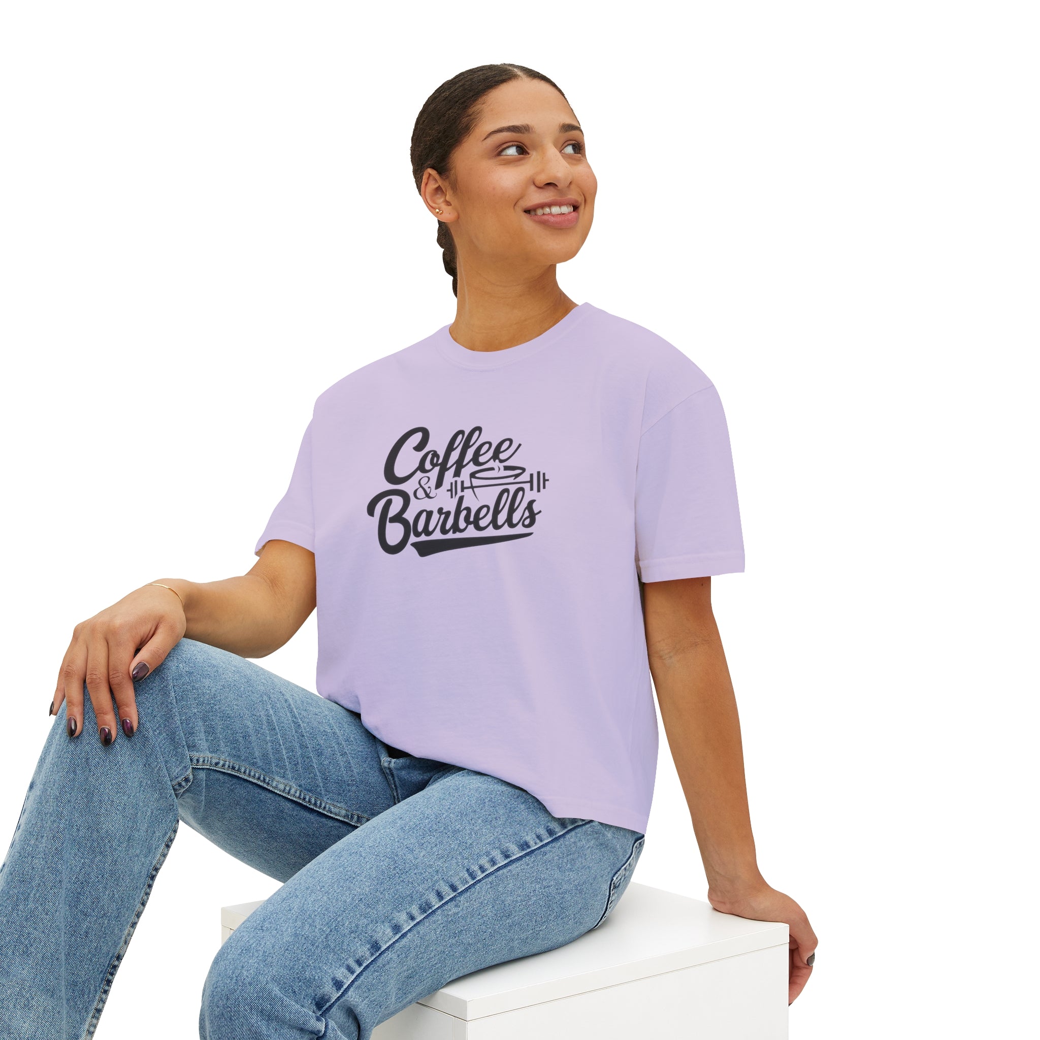 Coffee & Barbells - Women's Boxy Tee - Black Logo Front Plain Back