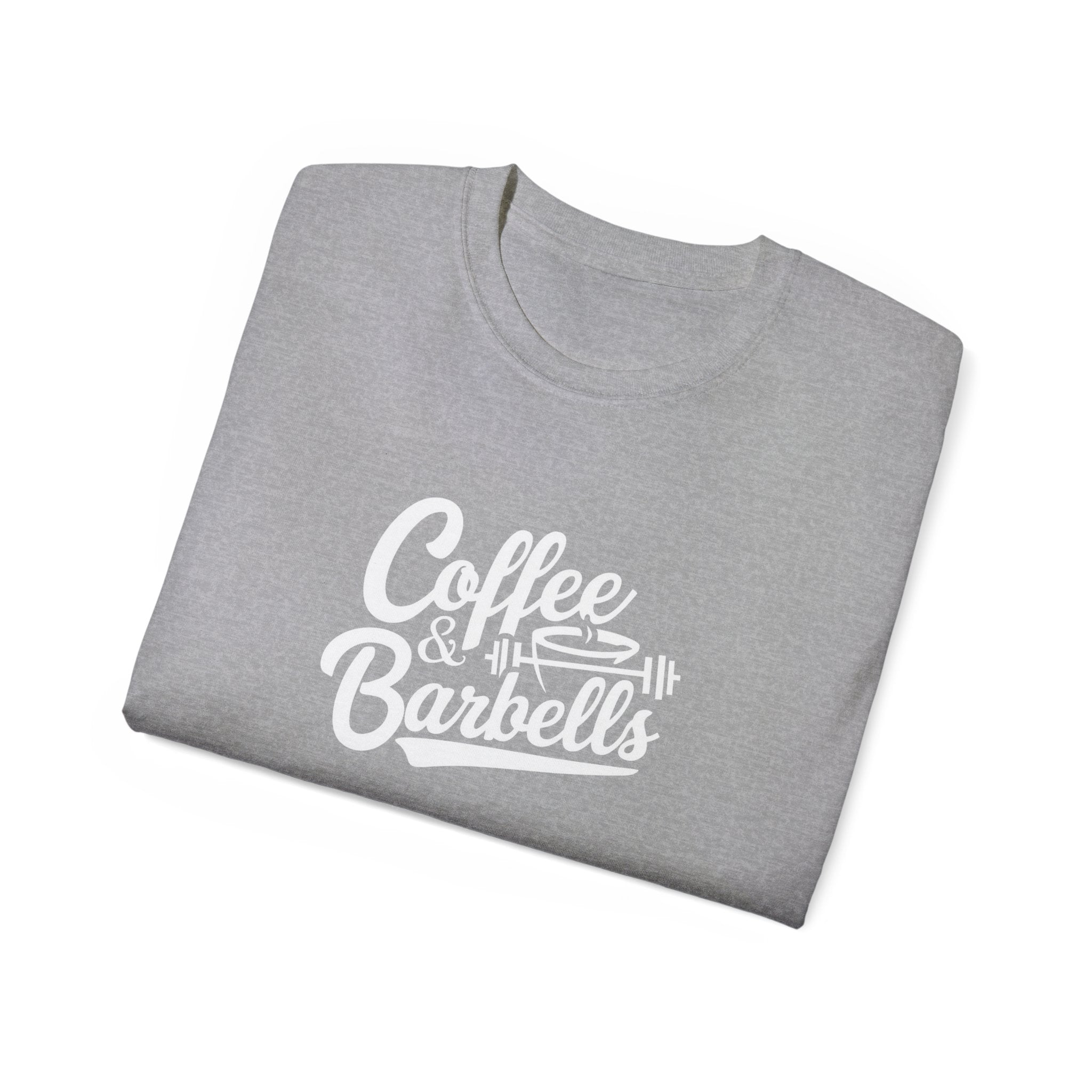 Coffee & Barbells - Unisex Ultra Cotton Tee - Front White Logo - Plain Back