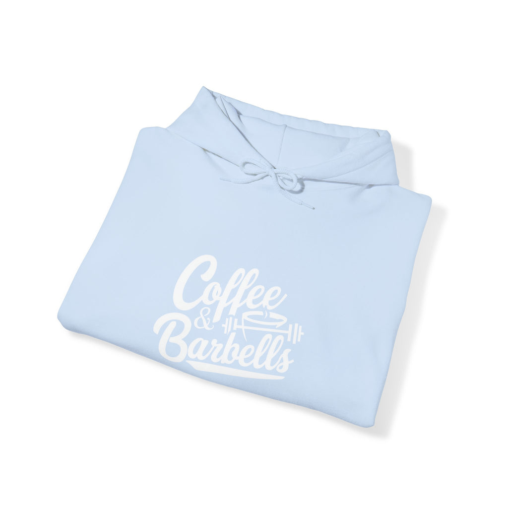 Coffee & Barbells - Unisex Heavy Blend Hooded Sweatshirt - White Logo on Front & Right Sleeve