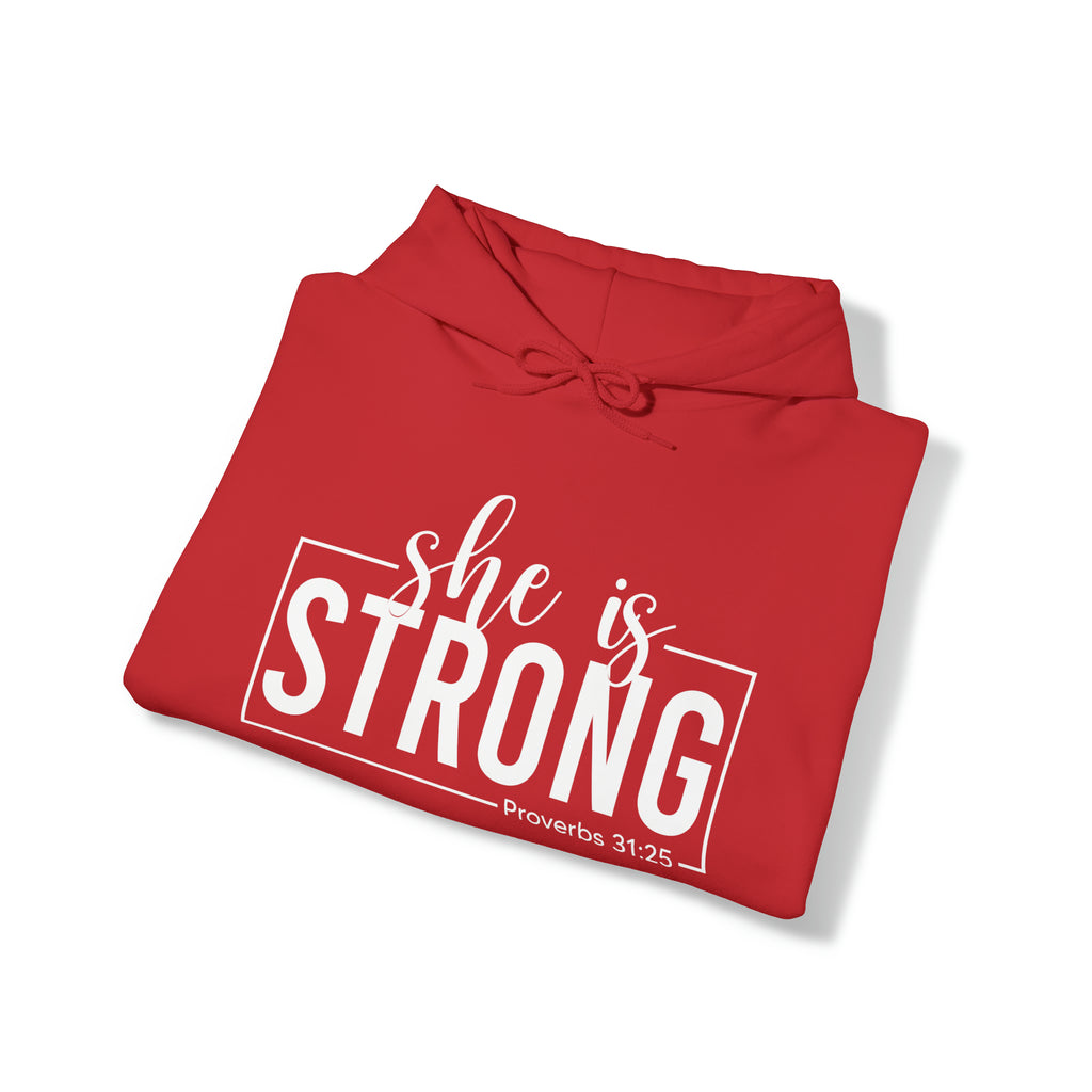 She is STRONG - Unisex Heavy Blend Hooded Sweatshirt - White Logo -  Plain Back