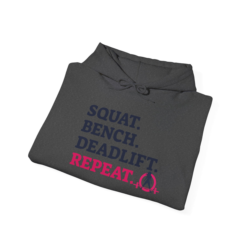 WWLW “Squat • Bench • Deadlift • Repeat” Hoodie - Front Dark Logo Plain Back