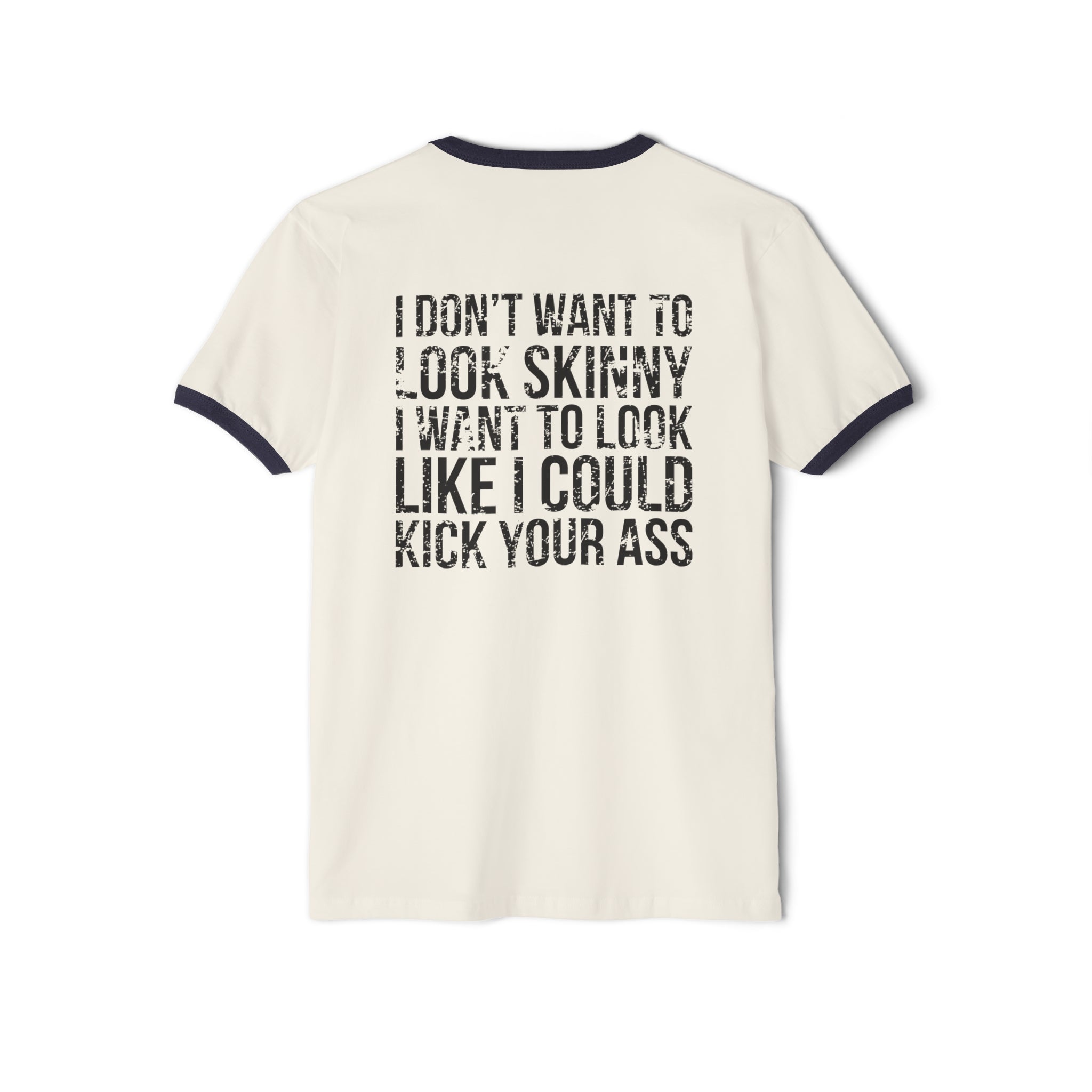 Kick Your Ass - Unisex Cotton Ringer T-Shirt - Black Distressed Logo Front & Back