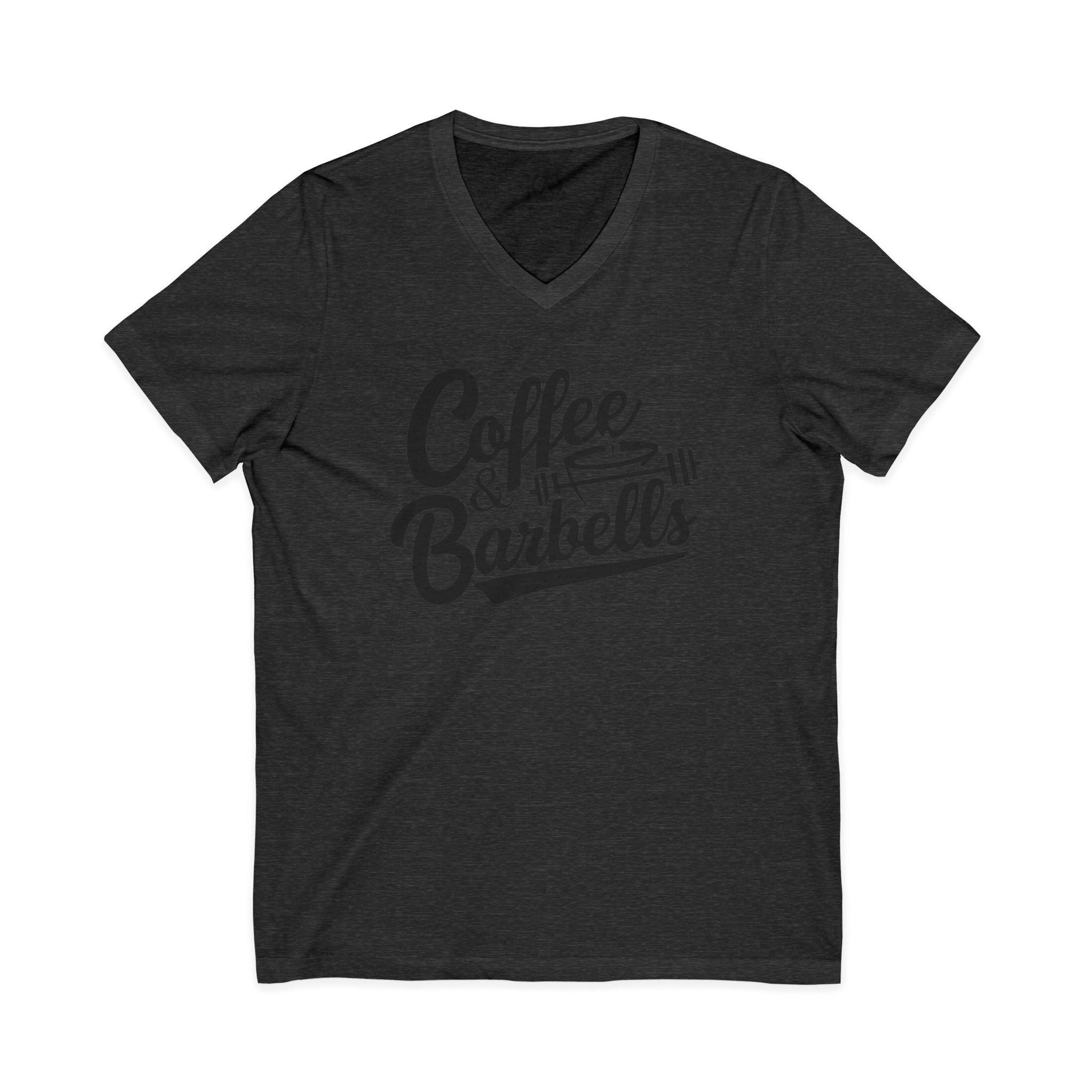 Coffee & Barbells - Unisex Jersey Short Sleeve V-Neck Tee - Black Logo Plain Back