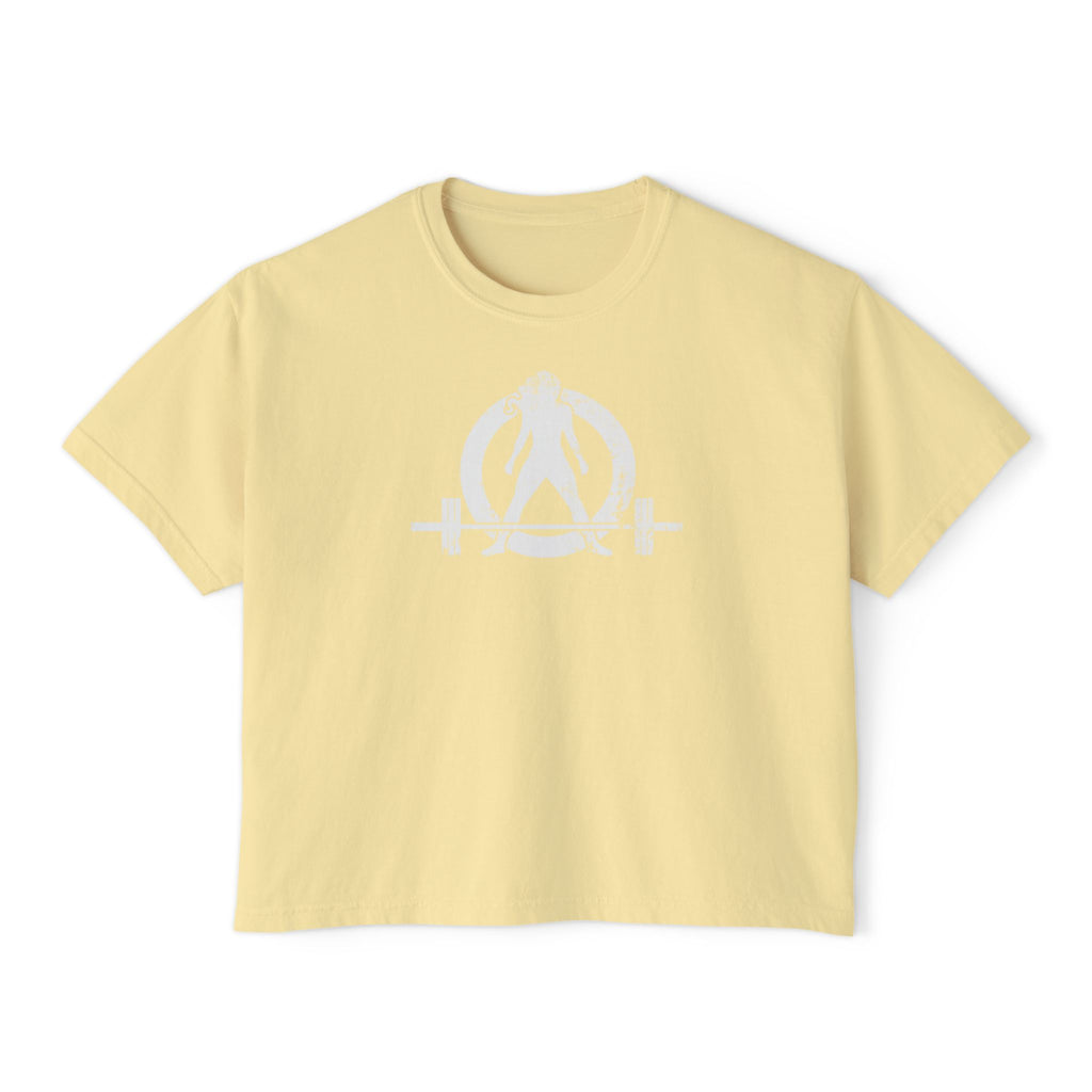 Women's Boxy Tee - White Distressed Logo Front Plain Back