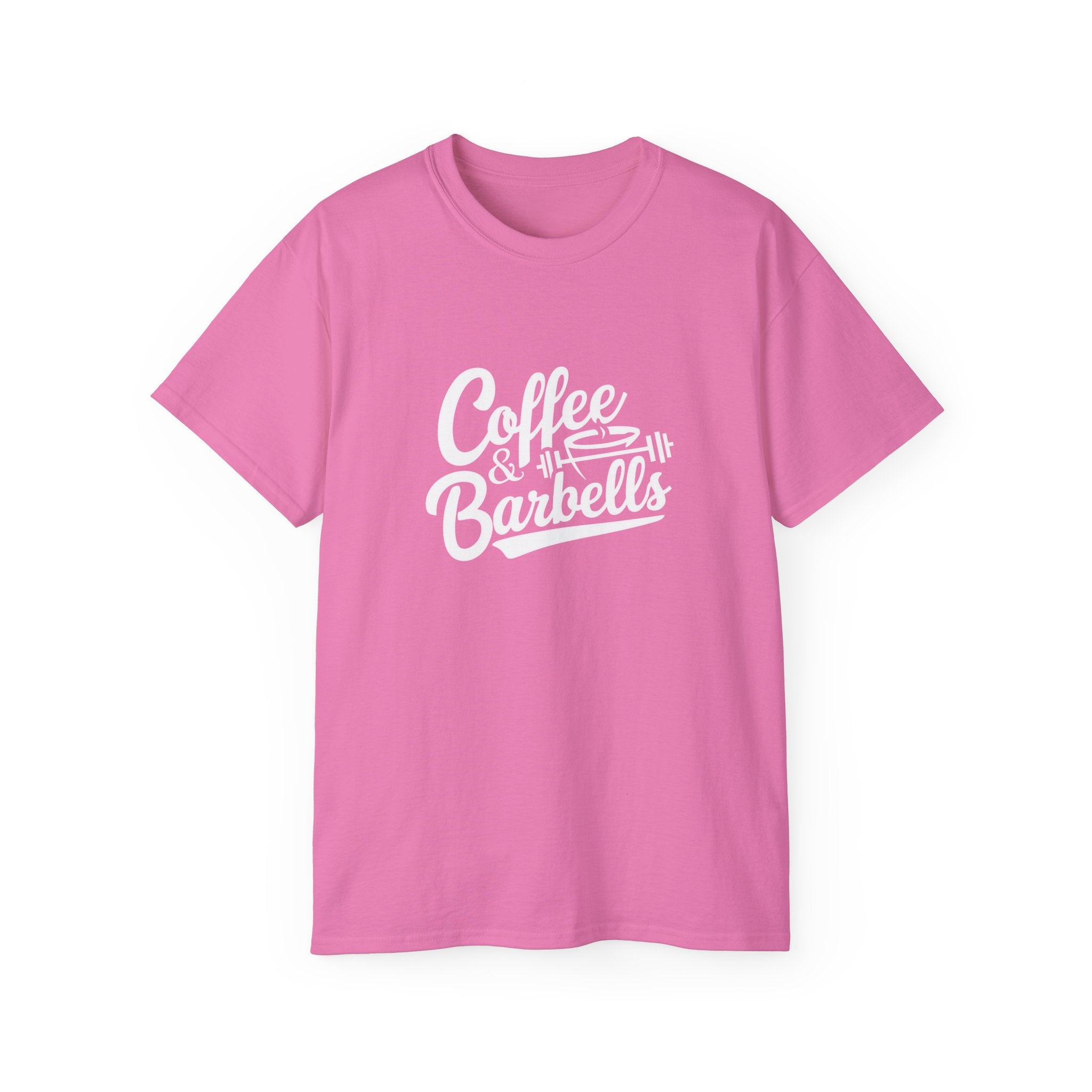 Coffee & Barbells - Unisex Ultra Cotton Tee - Front White Logo - Plain Back