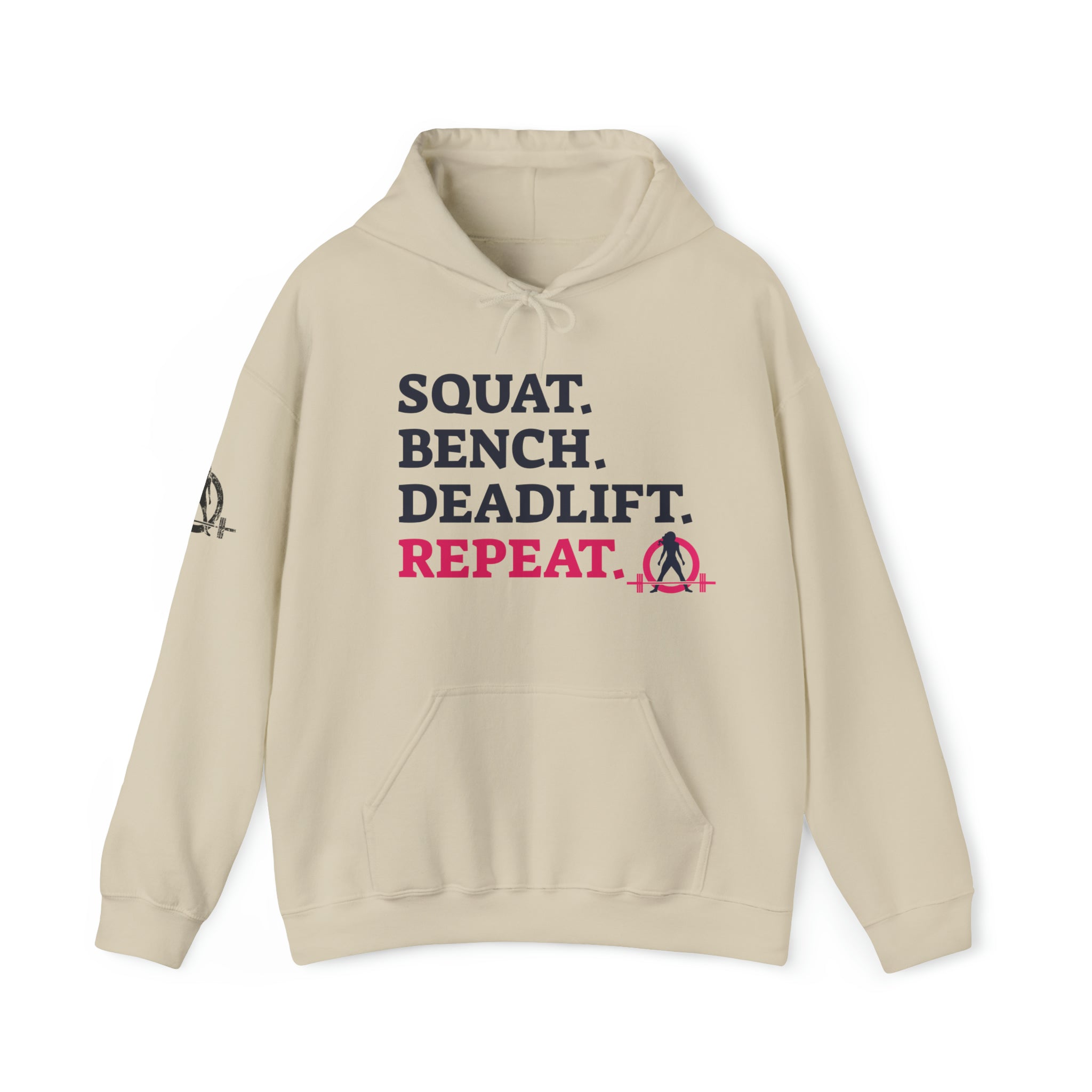 Squat Bench Deadlift Repeat - Unisex Heavy Blend Hooded Sweatshirt - Light WWLW Logo - Pink- Plain Black