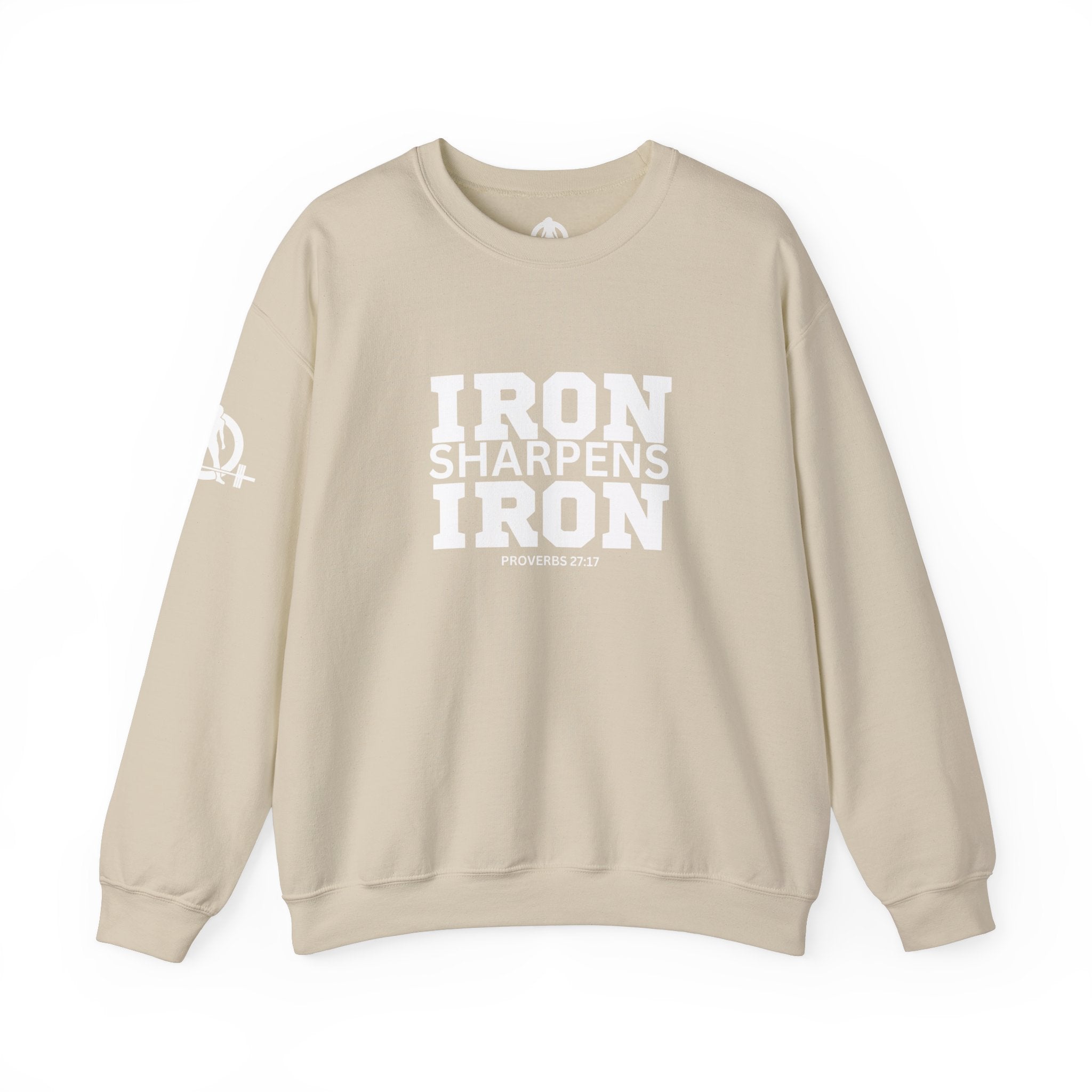 Iron Sharpens Iron - Unisex Heavy Blend™ Crewneck Sweatshirt - Front White Logo - Plain Back