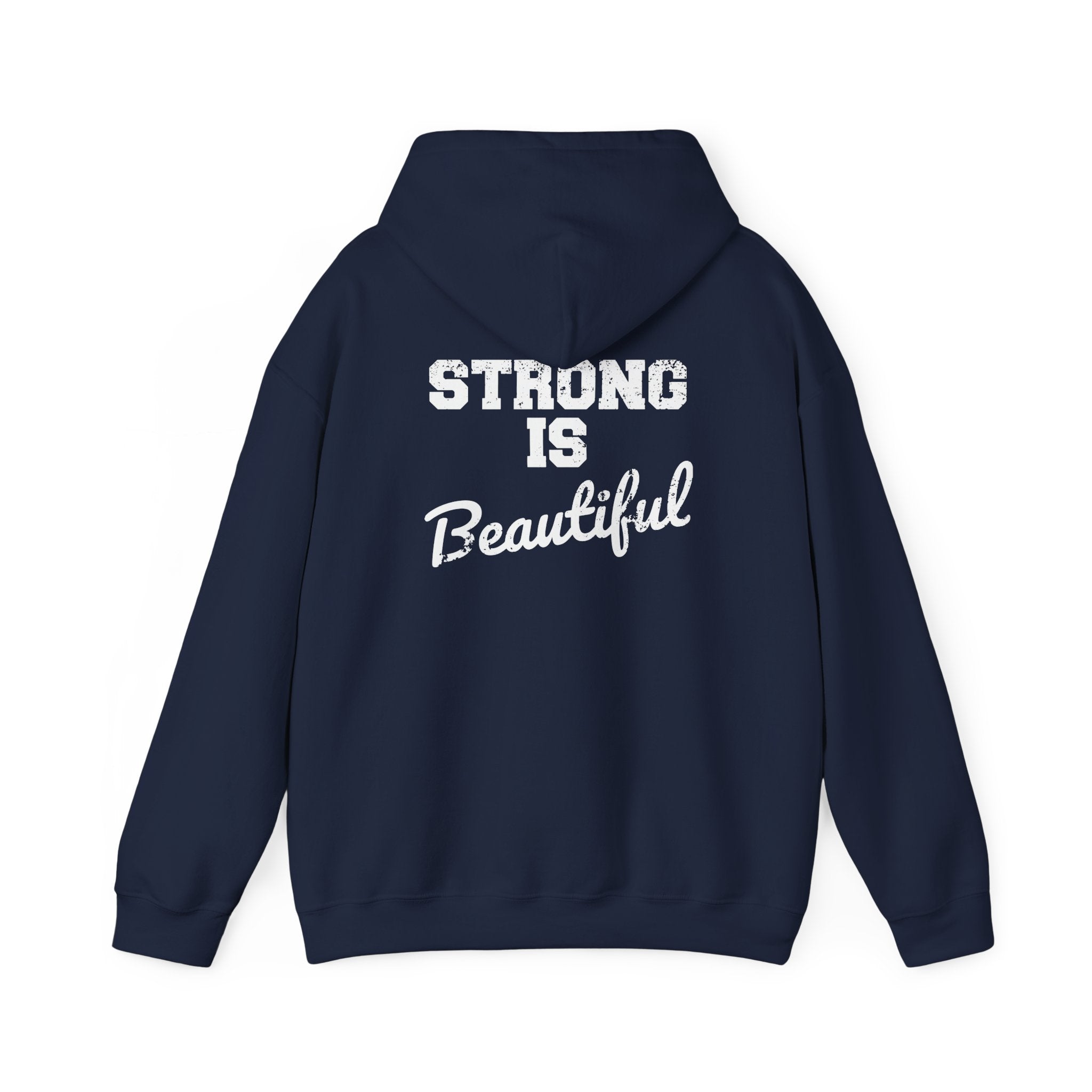 Strong Is Beautiful – Unisex Heavy Blend™ Hooded Sweatshirt (Distressed White Logo) 🤍💪