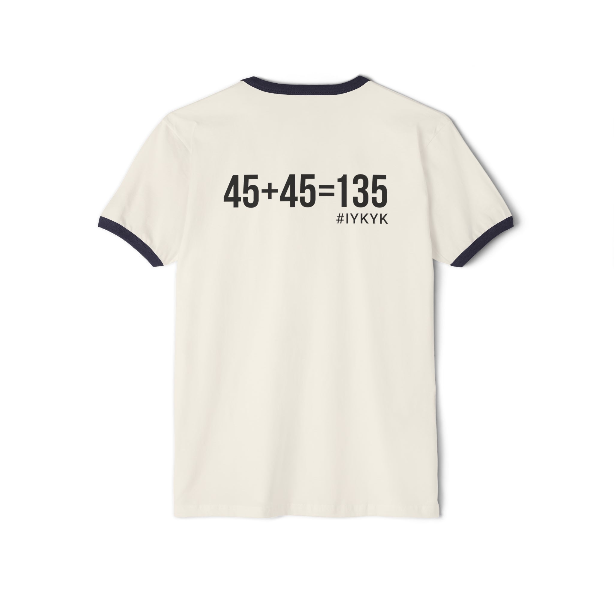 45 + 45 - Unisex Cotton Ringer T-Shirt - Black Logo Front & Back