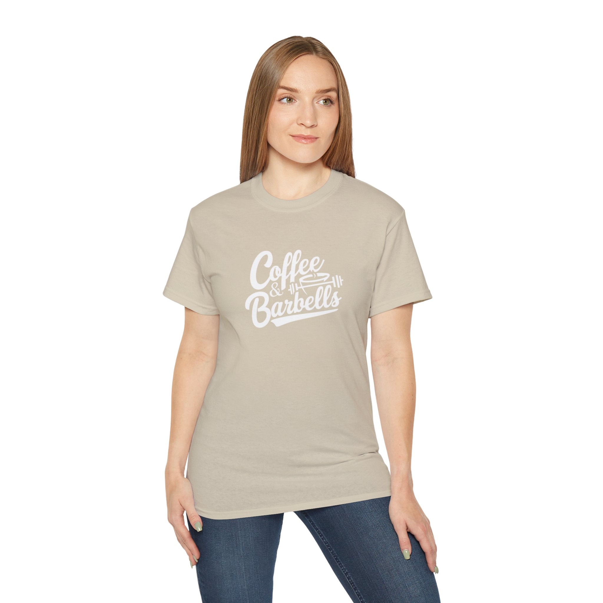 Coffee & Barbells - Unisex Ultra Cotton Tee - Front White Logo - Plain Back