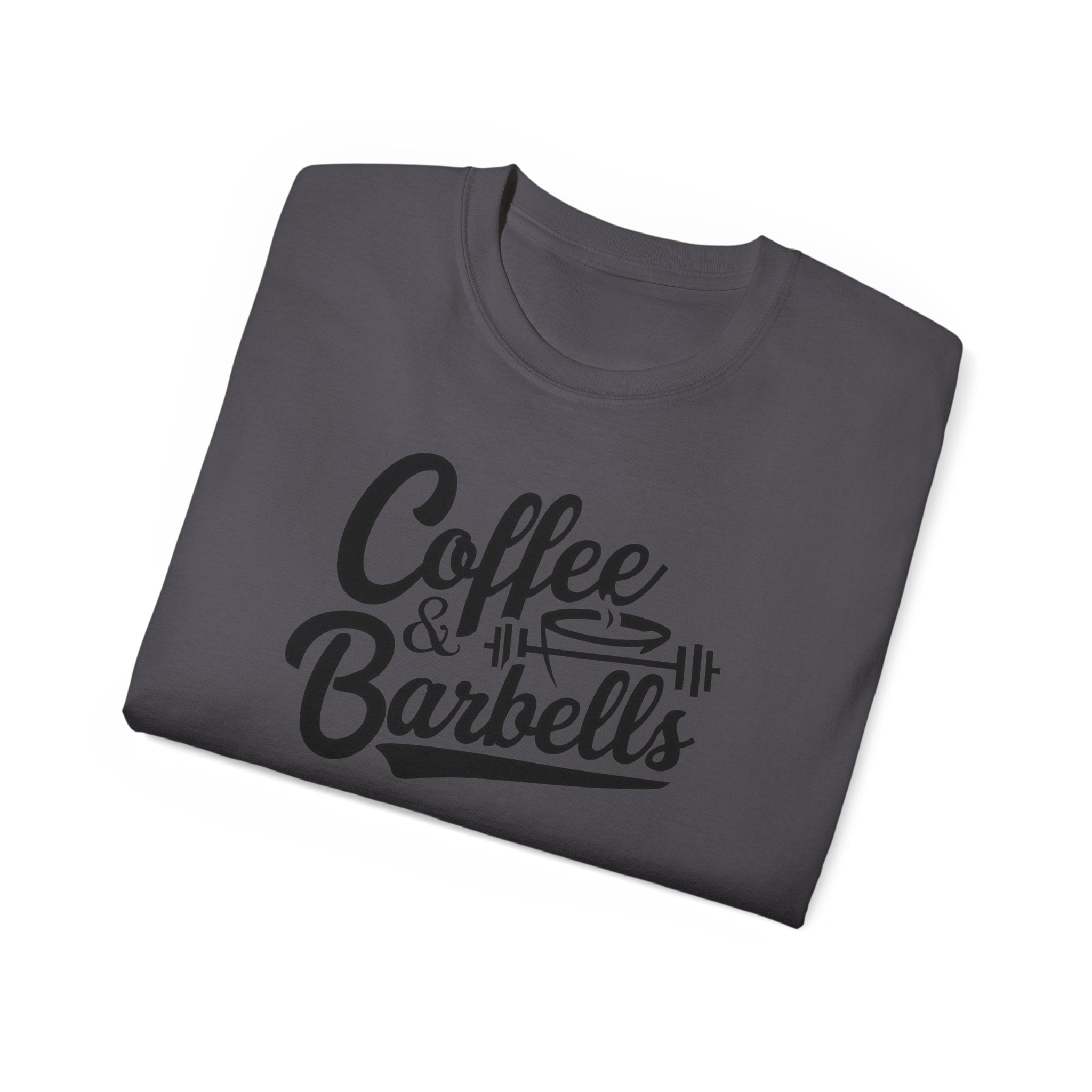 Coffee & Barbells - Unisex Ultra Cotton Tee - Front Black Logo - Plain Back
