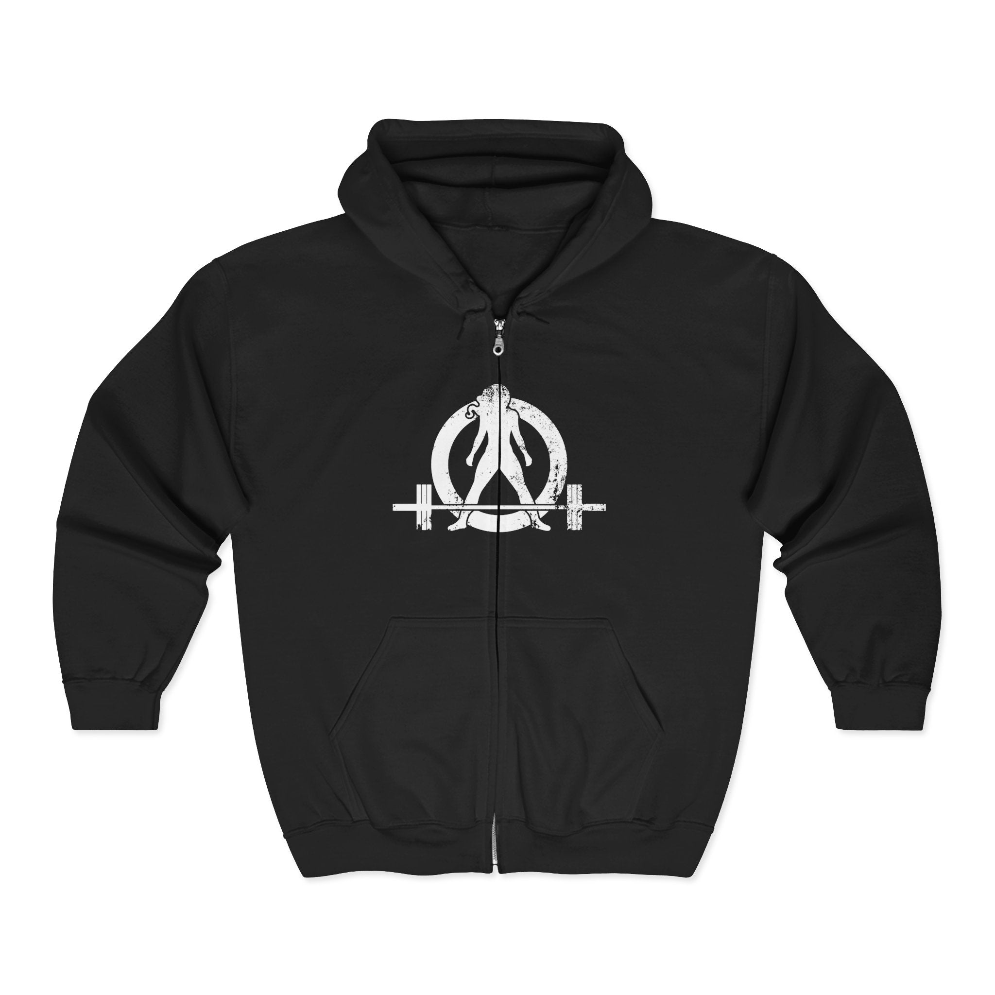 I DON’T WANT TO LOOK SKINNY I WANT TO LOOK LIKE I CAN KICK YOUR ASS – White Distressed Logo Unisex Heavy Blend™ Full Zip Hooded Sweatshirt