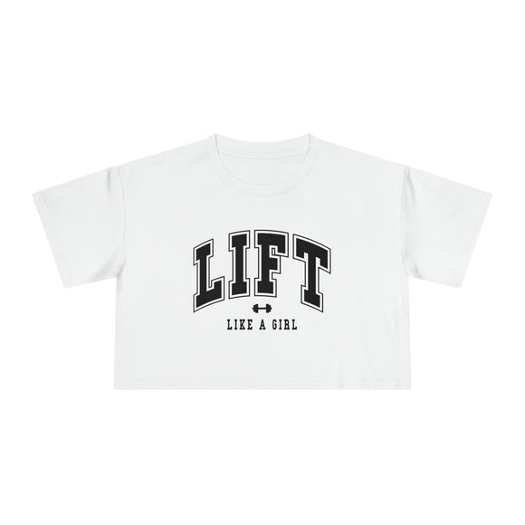 Lift Like A Girl - Women's Crop Tee - White - Front Black Logo