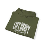 Lift Heavy Shit - Unisex Heavy Blend Hooded Sweatshirt - White Logo on Front & Right Sleeve