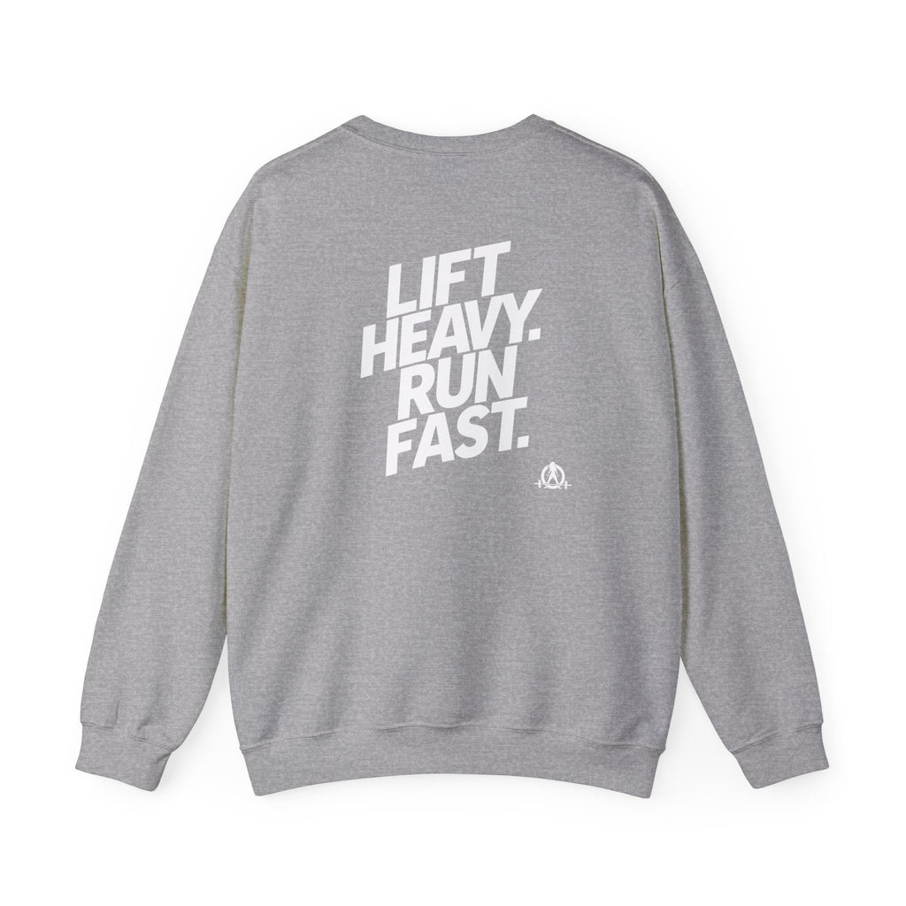 Lift Heavy Run Fast - Unisex Heavy Blend™ Crewneck Sweatshirt - White Logo Front & Back
