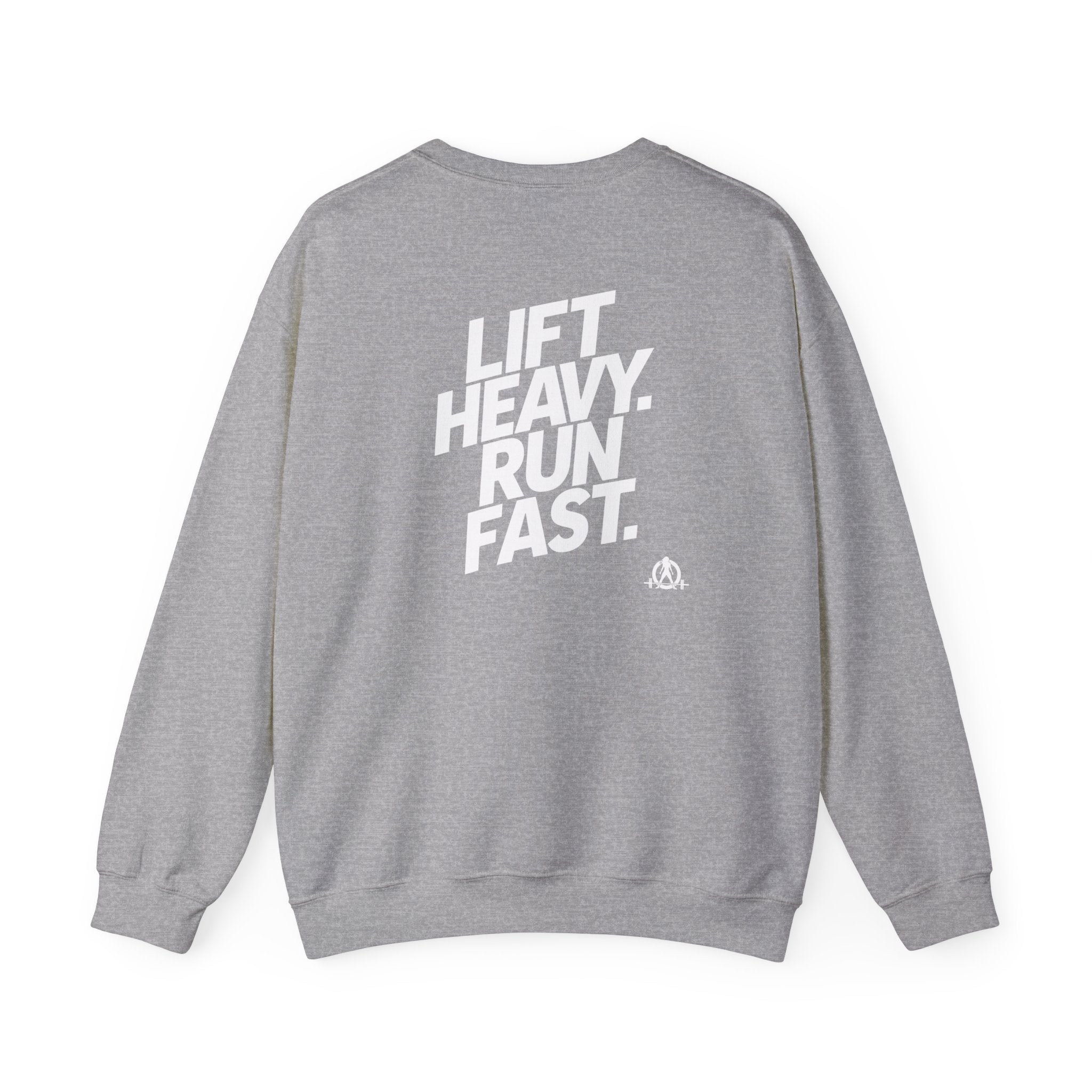 Lift Heavy Run Fast - Unisex Heavy Blend™ Crewneck Sweatshirt - White Logo Front & Back