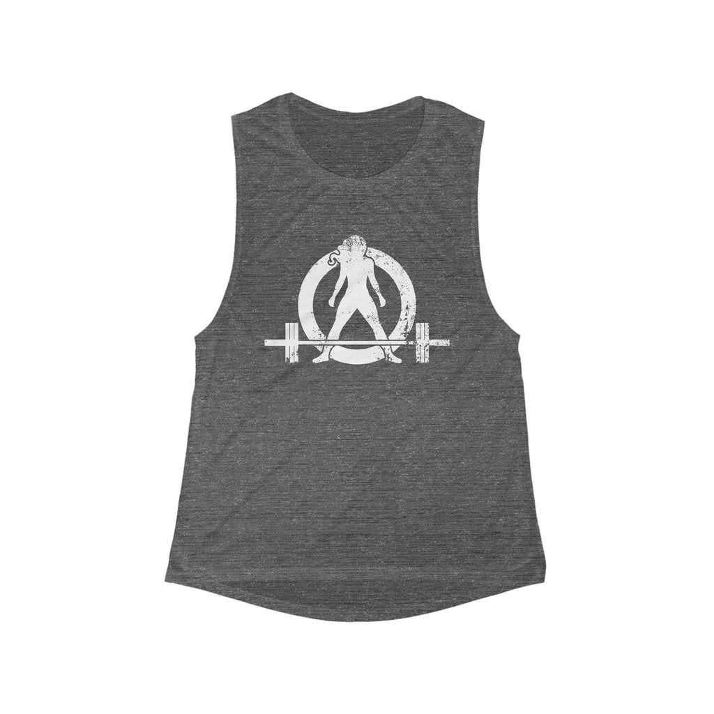 Women's Flowy Scoop Muscle Tank - White Distressed Logo