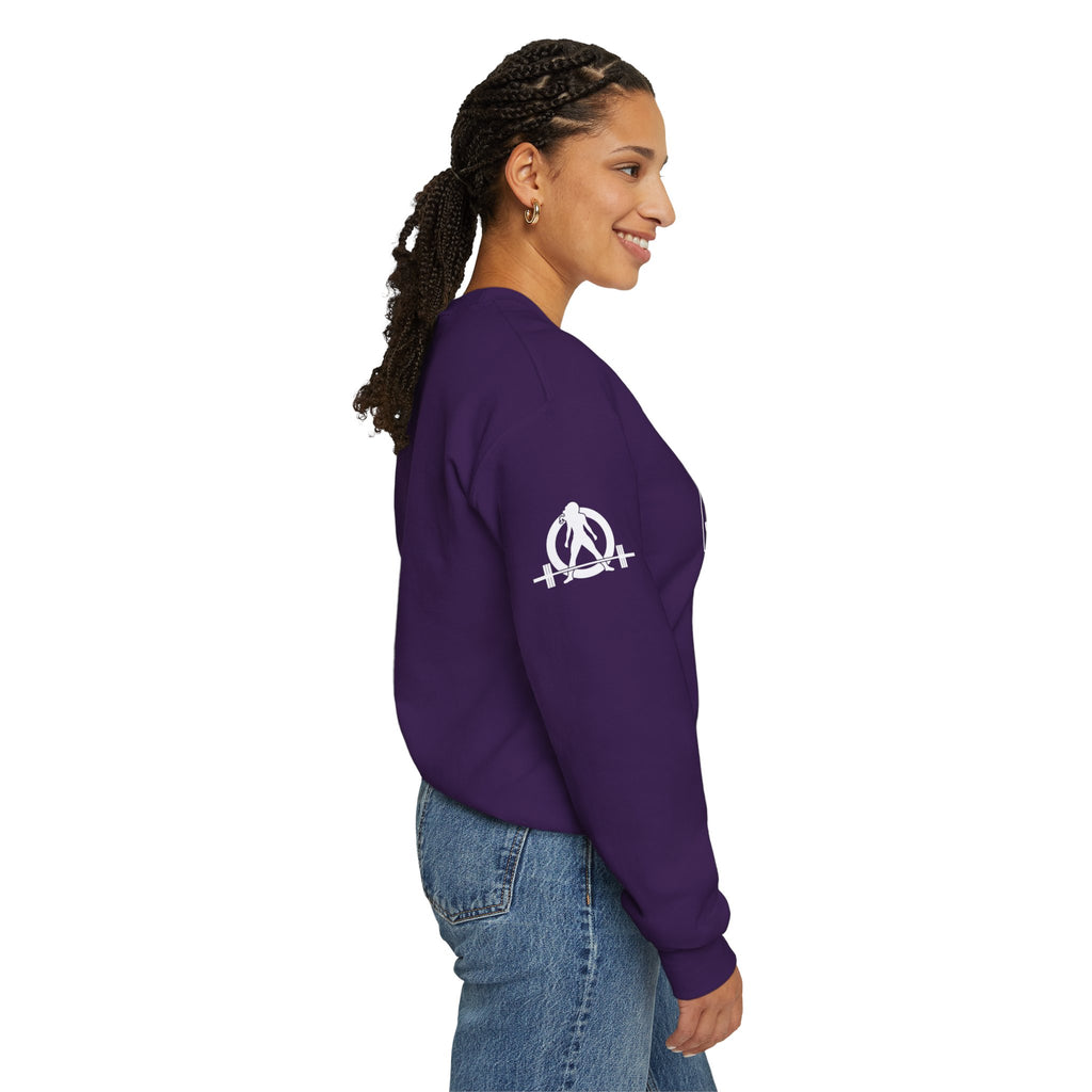 She is STRONG - Unisex Heavy Blend™ Crewneck Sweatshirt - Front White Logo - Plain Back