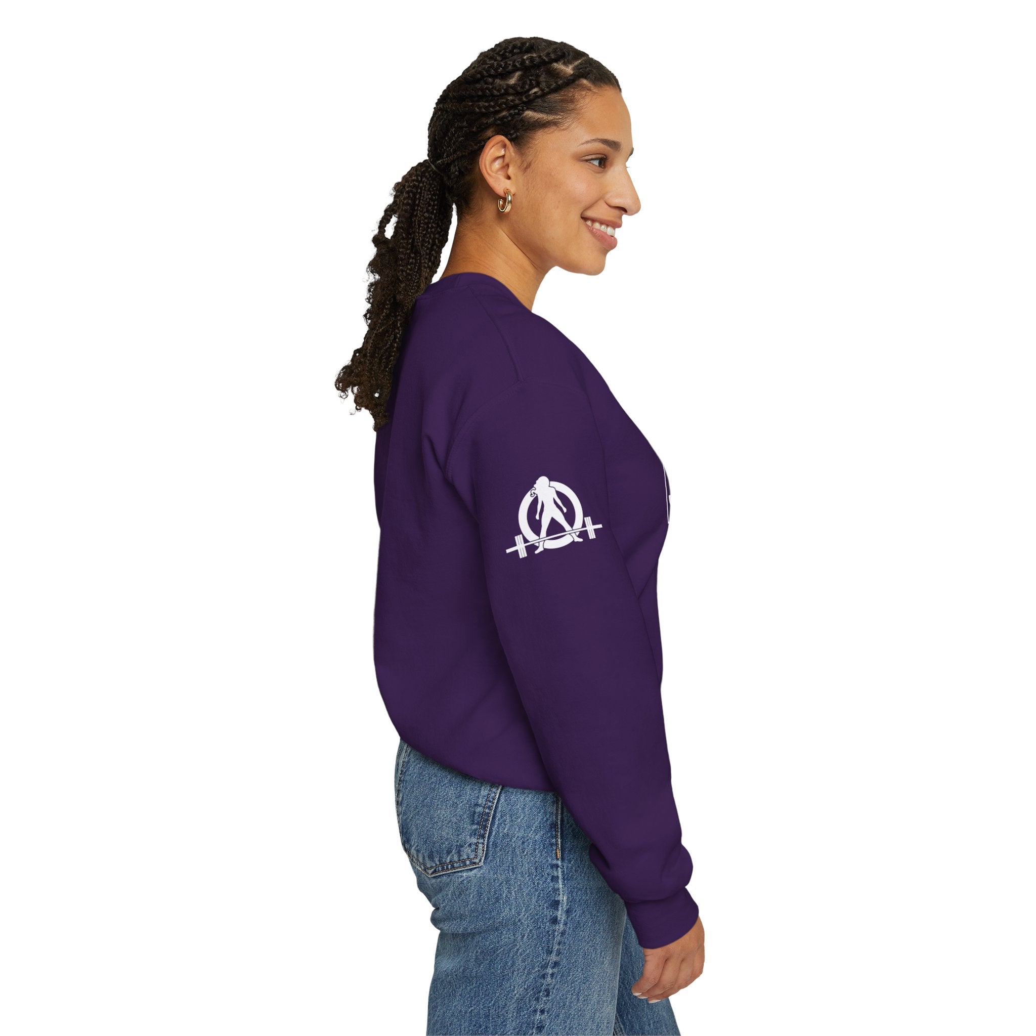 She is STRONG - Unisex Heavy Blend™ Crewneck Sweatshirt - Front White Logo - Plain Back