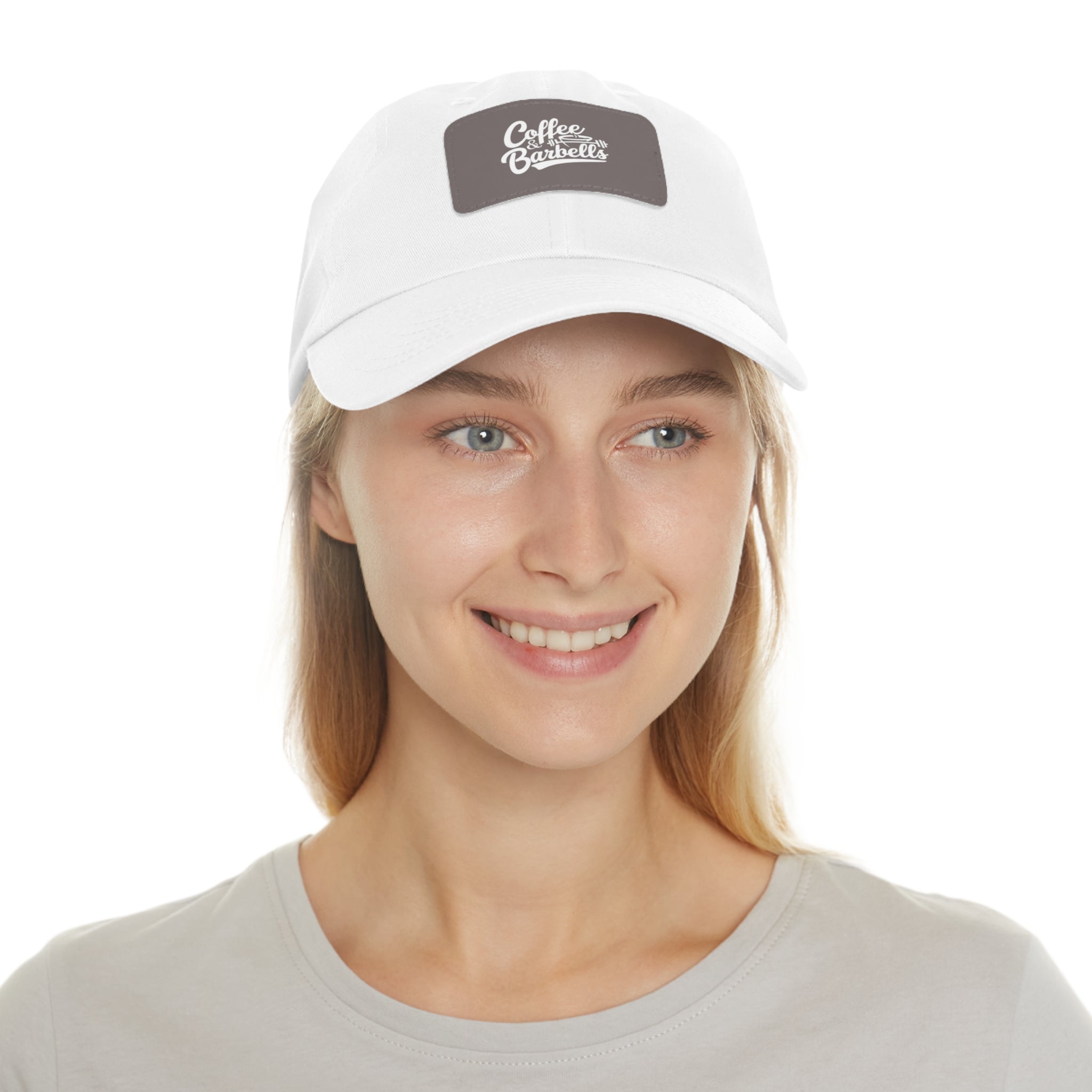 Coffee & Barbells - Dad Hat with Leather Patch (Rectangle) - White Font
