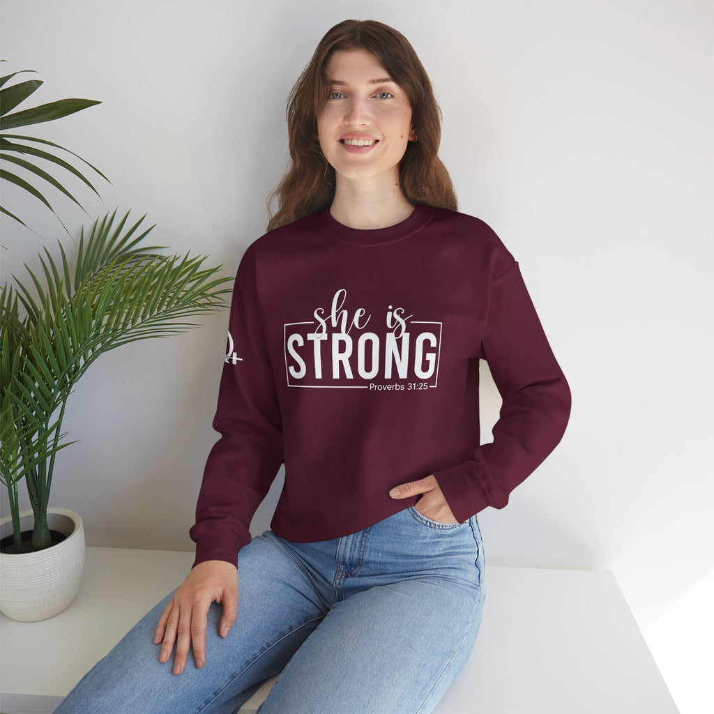 She is STRONG - Unisex Heavy Blend™ Crewneck Sweatshirt - Front White Logo - Plain Back