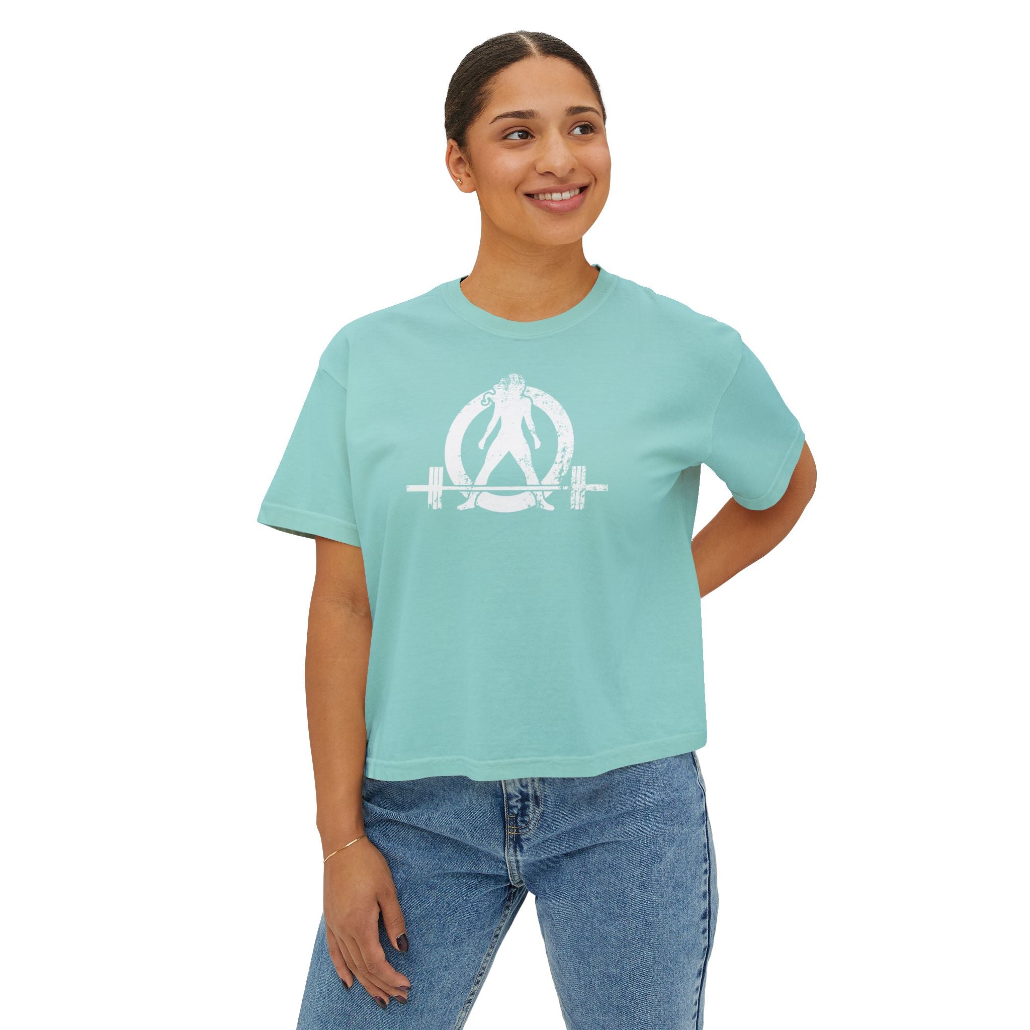 Women's Boxy Tee - White Distressed Logo Front Plain Back